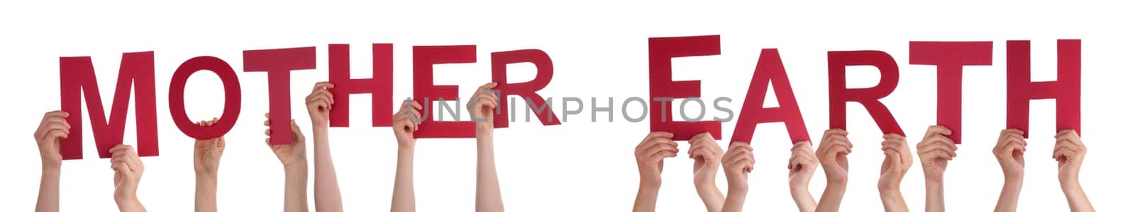 People Or Persons Hands Building English Word Mother Earth. Isolated White Background.