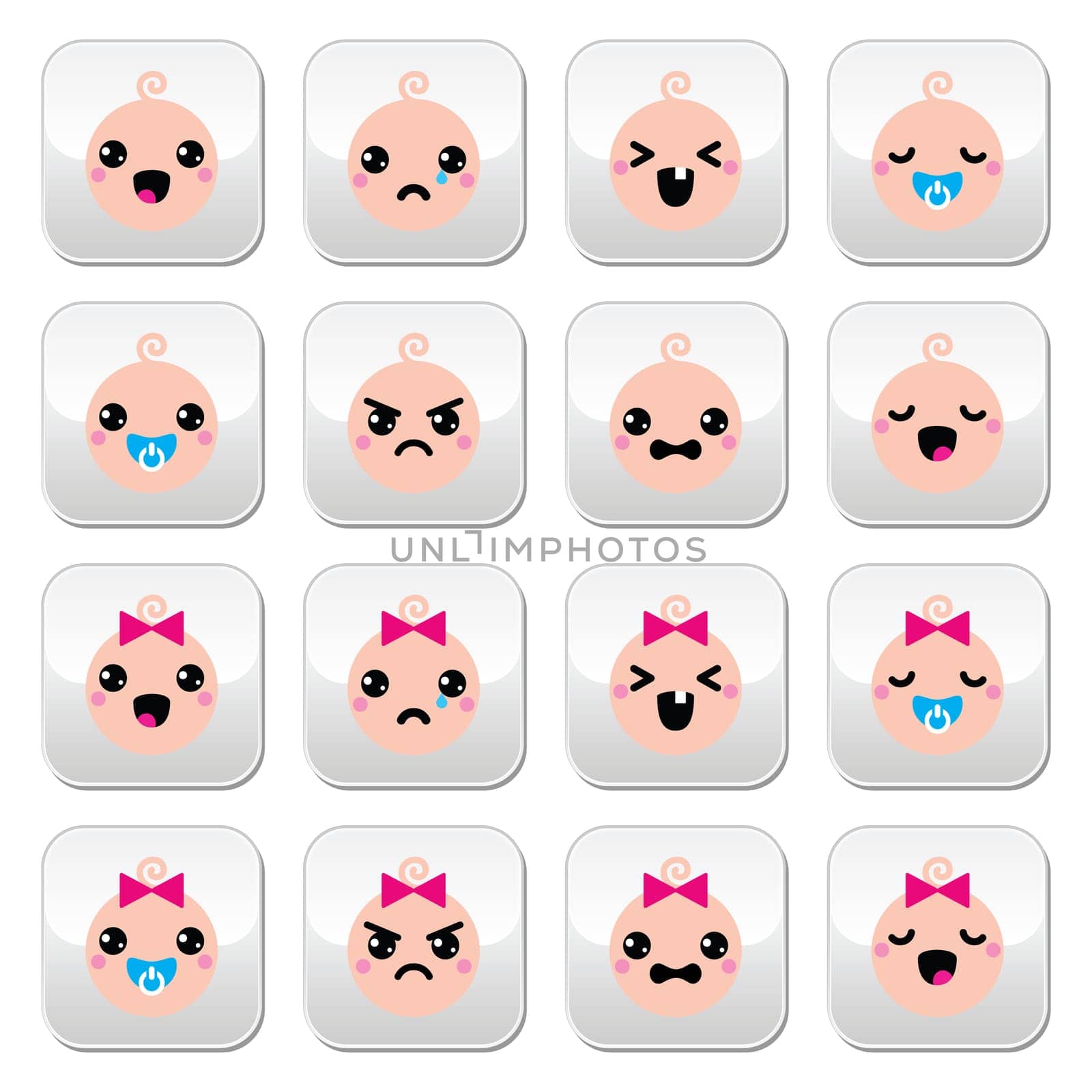 Vector buttons set of happy, sad, crying babies isolated on white