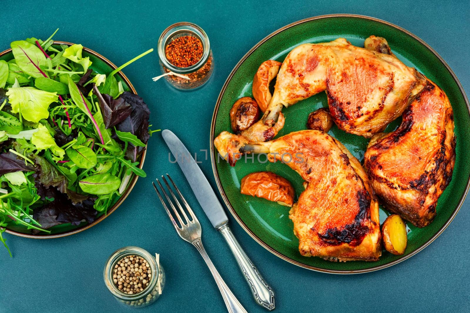 Tasty barbecue chicken meat. Fried chicken legs quarters