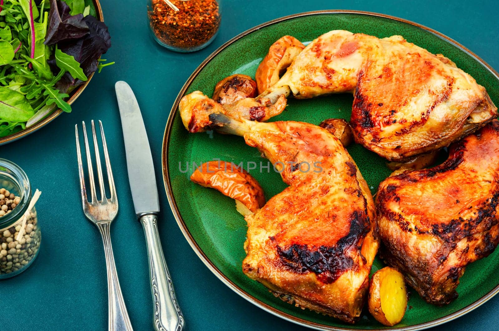 Tasty barbecue chicken meat. Fried chicken legs quarters