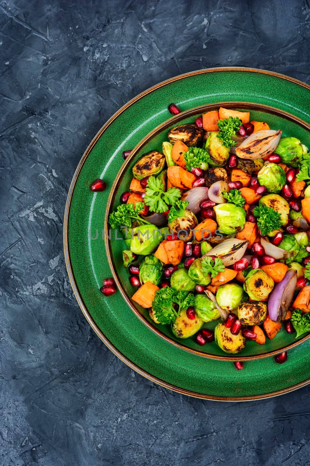 Salad with roasted Brussels sprouts, carrots, garnished with herbs and pomegranate seeds. Vegetable salad on plate