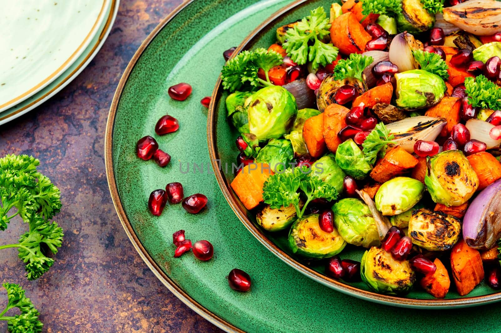 Salad with roasted Brussels sprouts, carrots, garnished with herbs and pomegranate seeds. Vegetable salad on plate