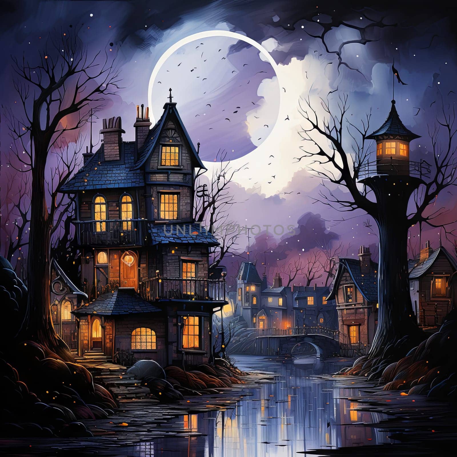 Colorful image of a large castle at night in the light of the moon. High quality photo