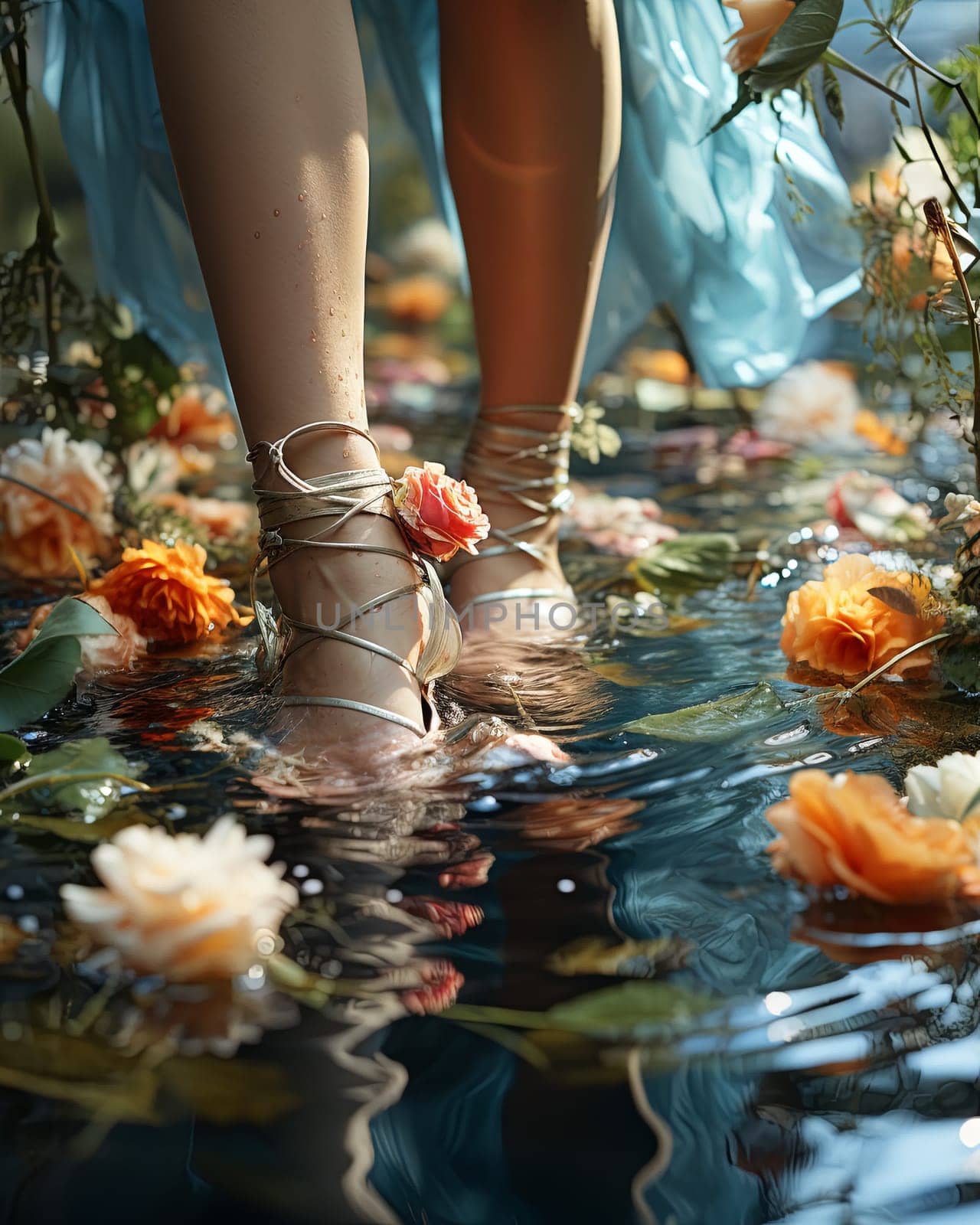 A woman walks on water and flowers. Close-up of a woman's legs. High quality photo