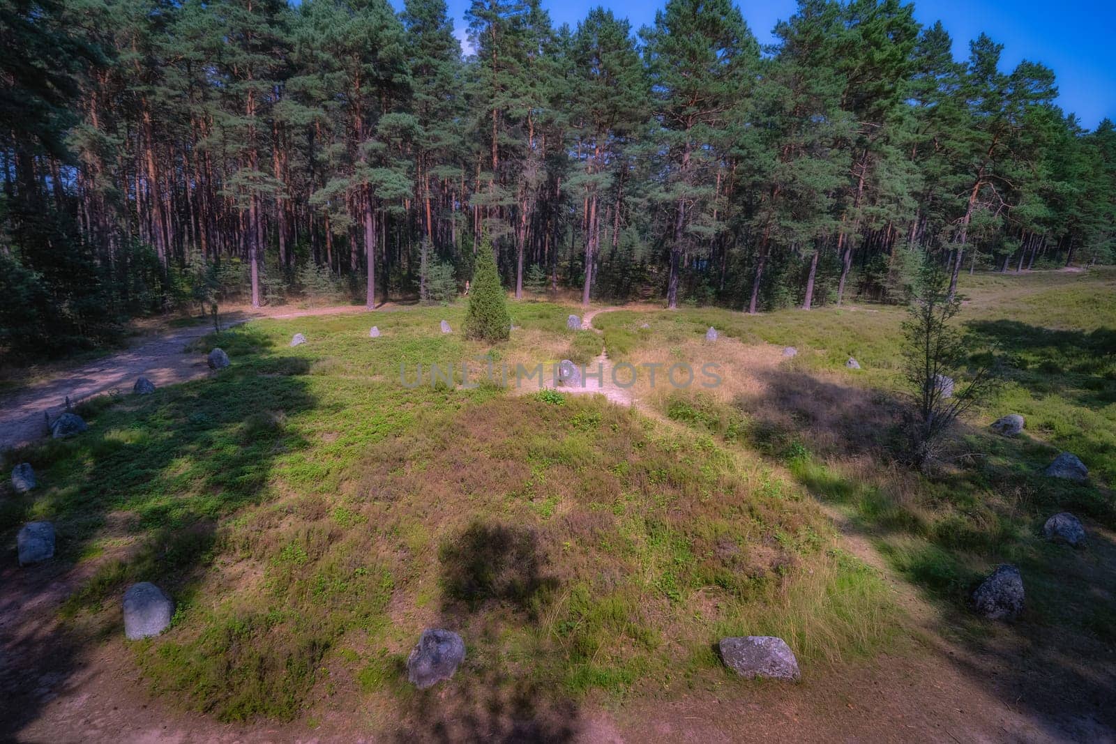 Top view on Stone Circles at Odry, an ancient burial and worship place. UNESCO Archaeological and Natural Reserve, Pomerania, Poland
