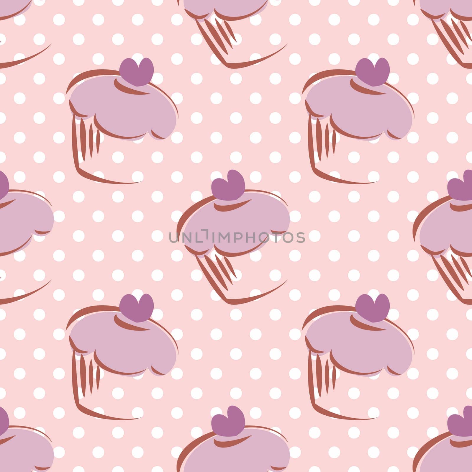 Seamless vector lavender pattern or tile background with white polka dots and big hand drawn cupcakes silhouettes, muffin sweet cake and violet heart on top. Texture with sweets for desktop wallpaper.