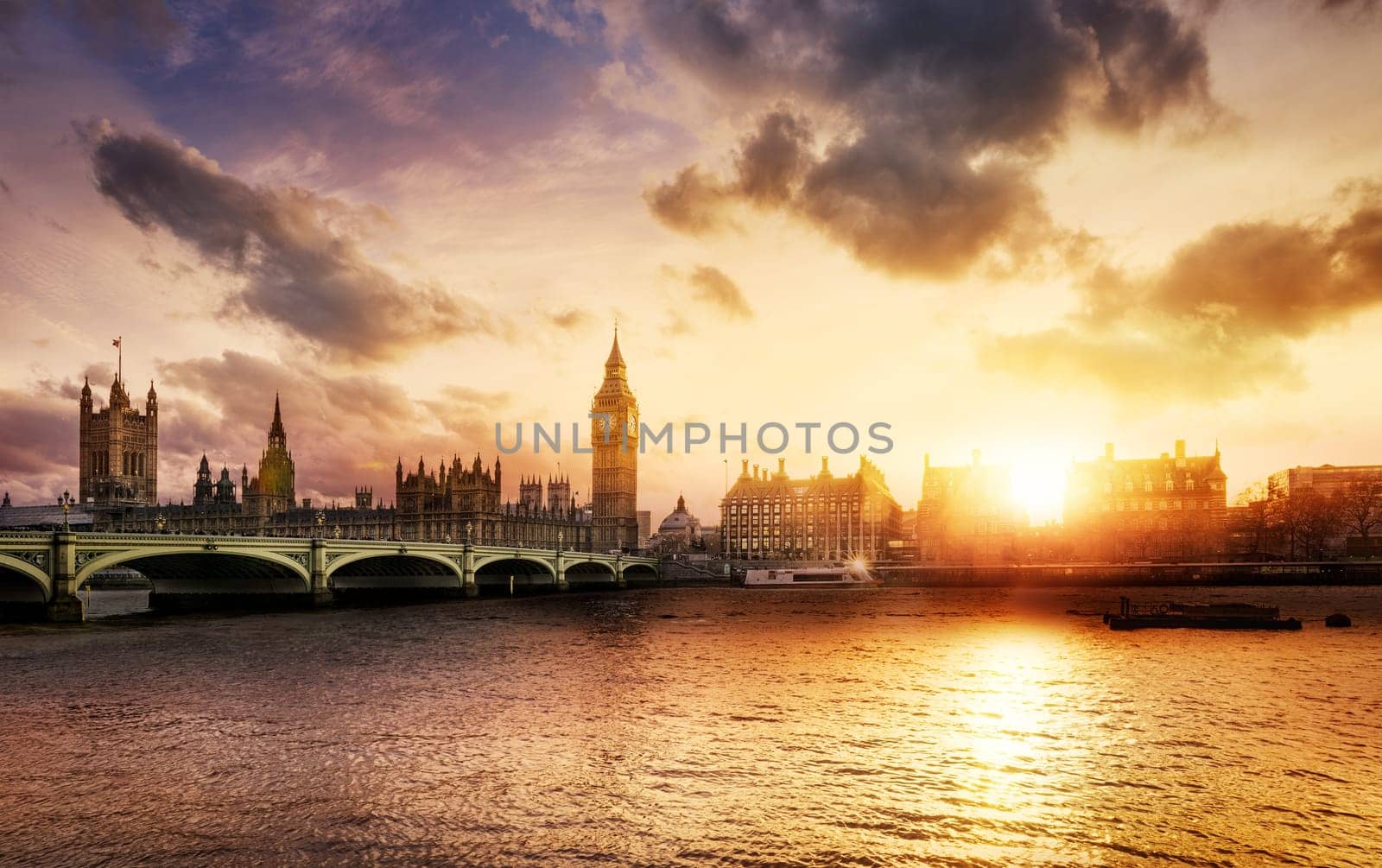 Big Ben and Westminster Bridge at dusk, London, UK
