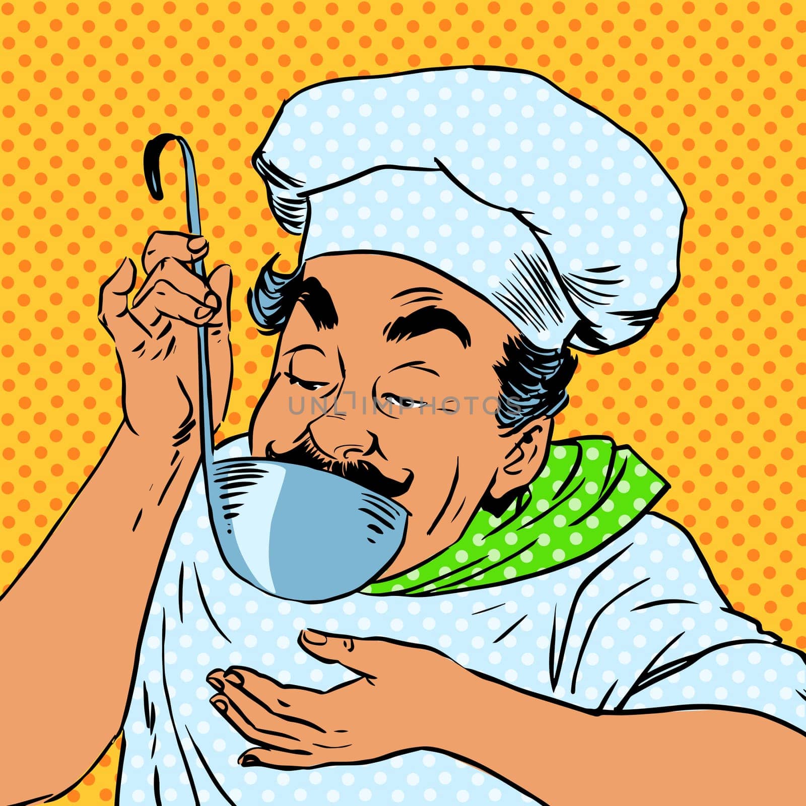 The chef tastes the food in the kitchen. Adult male professional prepares the dish. Tastes a sauce or soup ladle