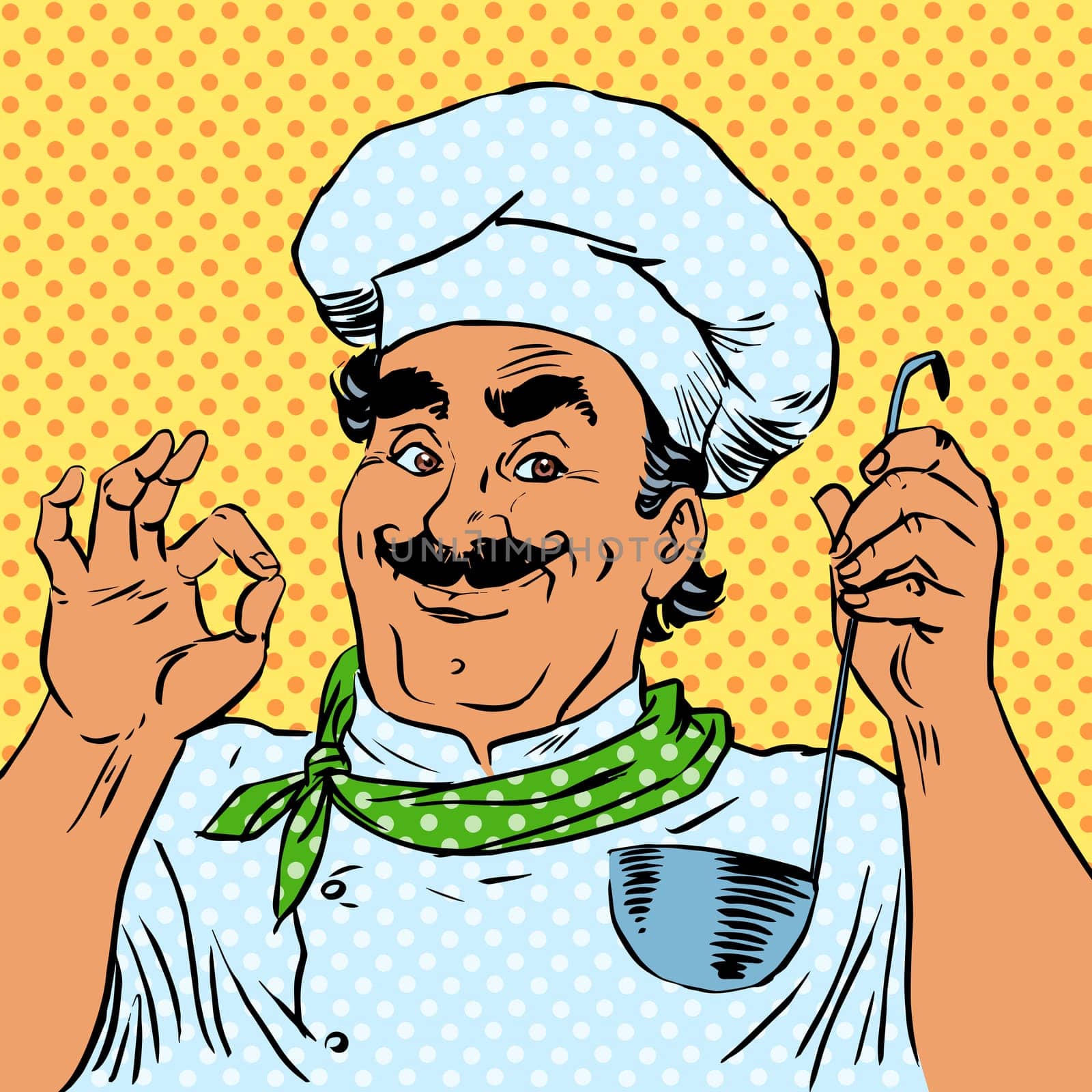 The cook in the kitchen, the taste of food quality of a restaurant chef. The man smiles professional