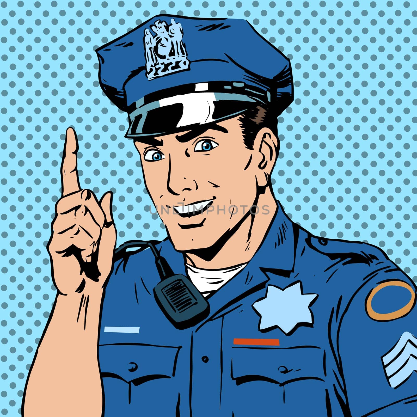 A police officer warns draws the attention of the profession the man smile law and order. The man is encouraged to follow the rules