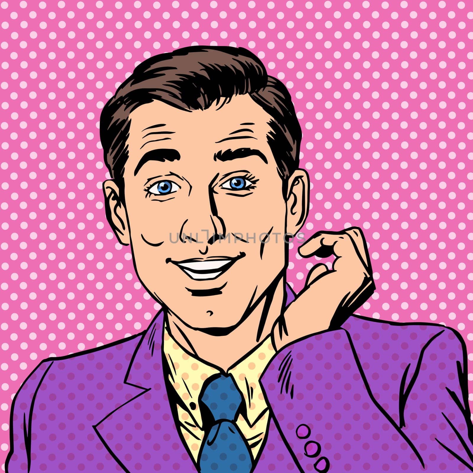 Glamorous man mod handsome mannered major playboy. Pink blazer for young man. Neutral pink background behind