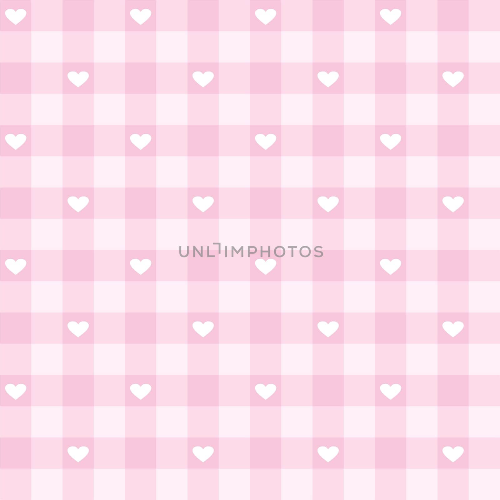 Seamless vector checkered pattern or grid texture with white hearts for web design, desktop wallpaper or culinary blog website. Sweet pink valentines background full of love.