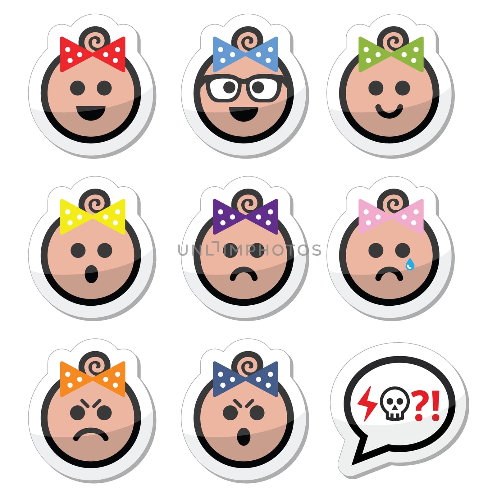 Collection of child faces - happy, sad, angry isolated on white