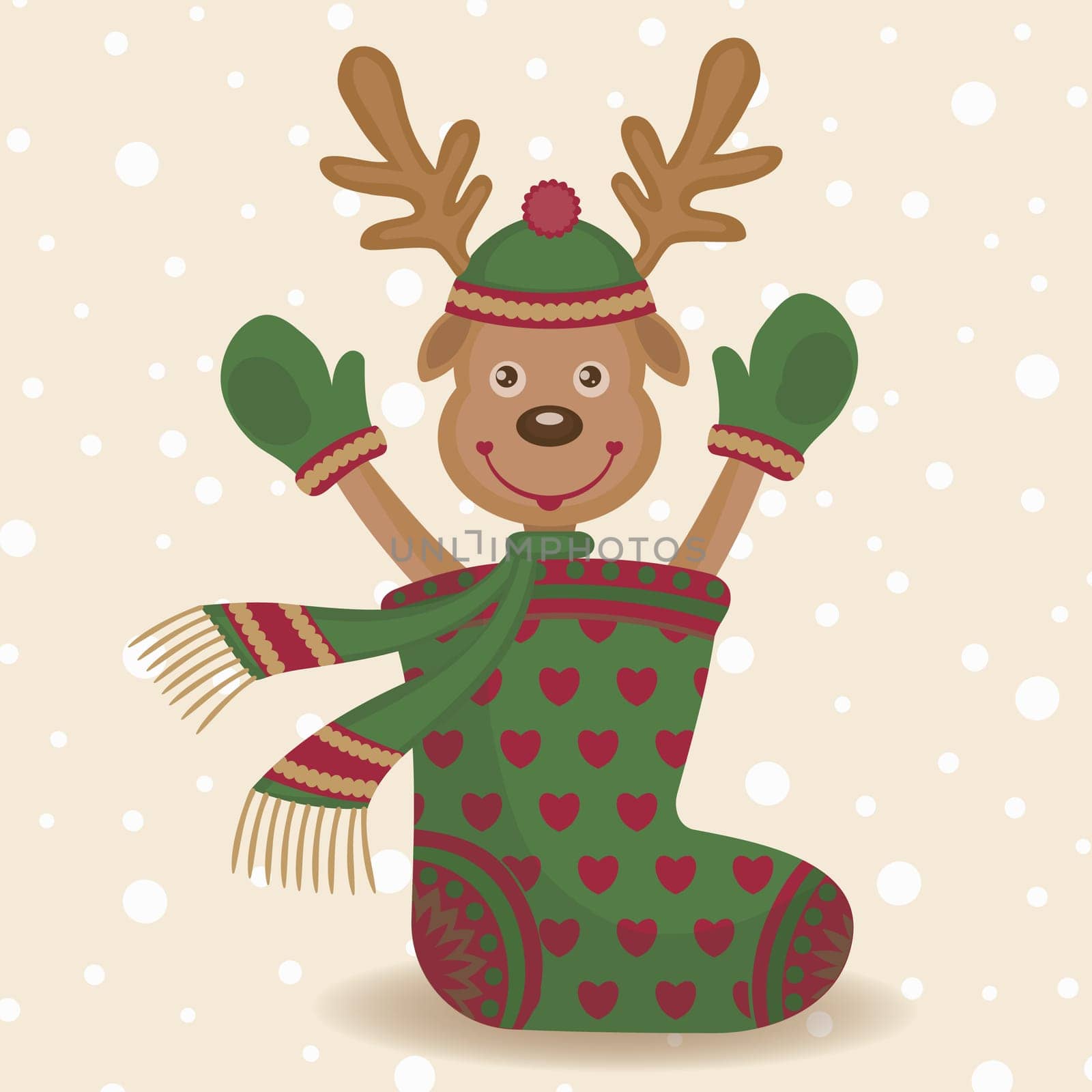 Christmas background and surprise with cartoon deer. Colorful vector illustration.