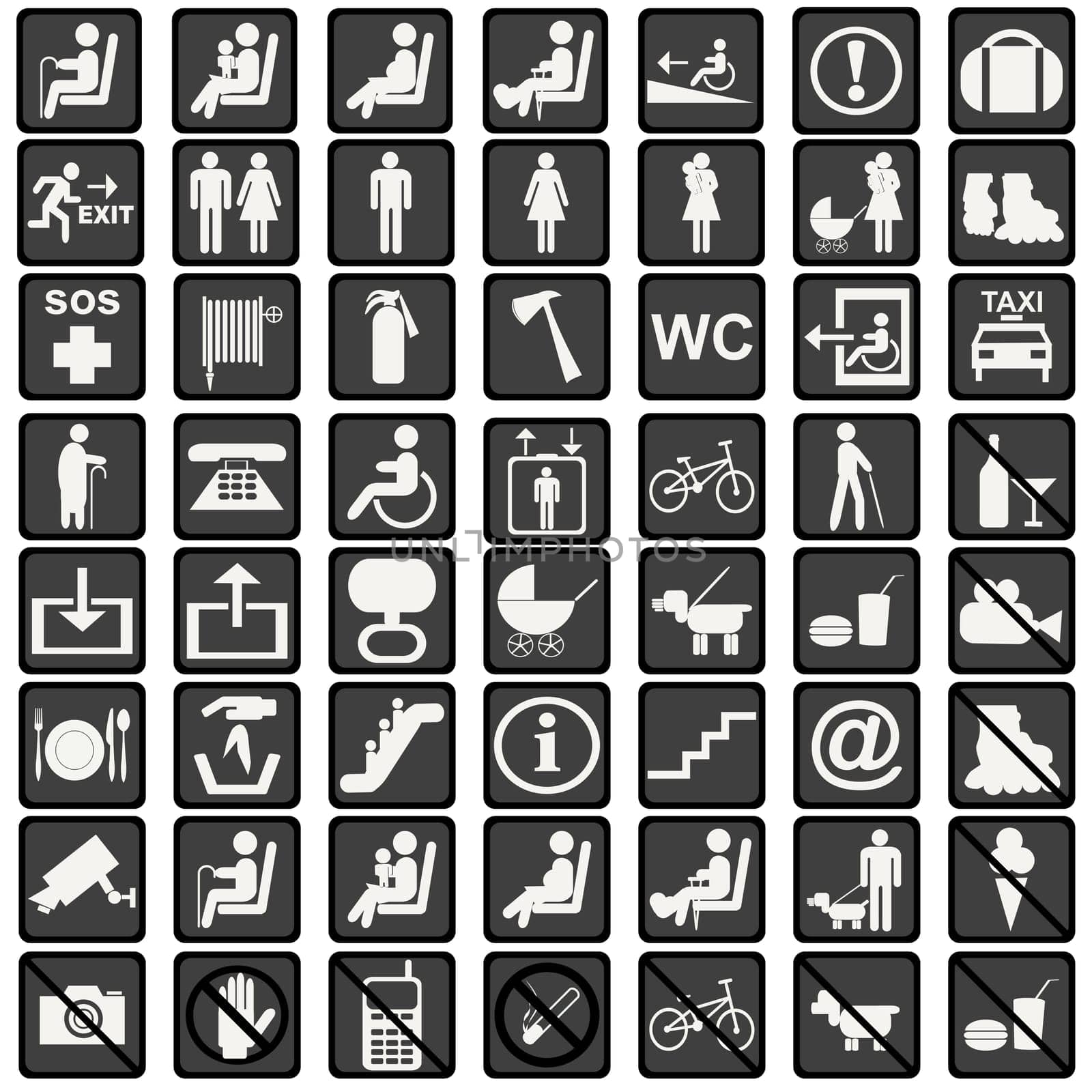 International signs icons used in transportation means