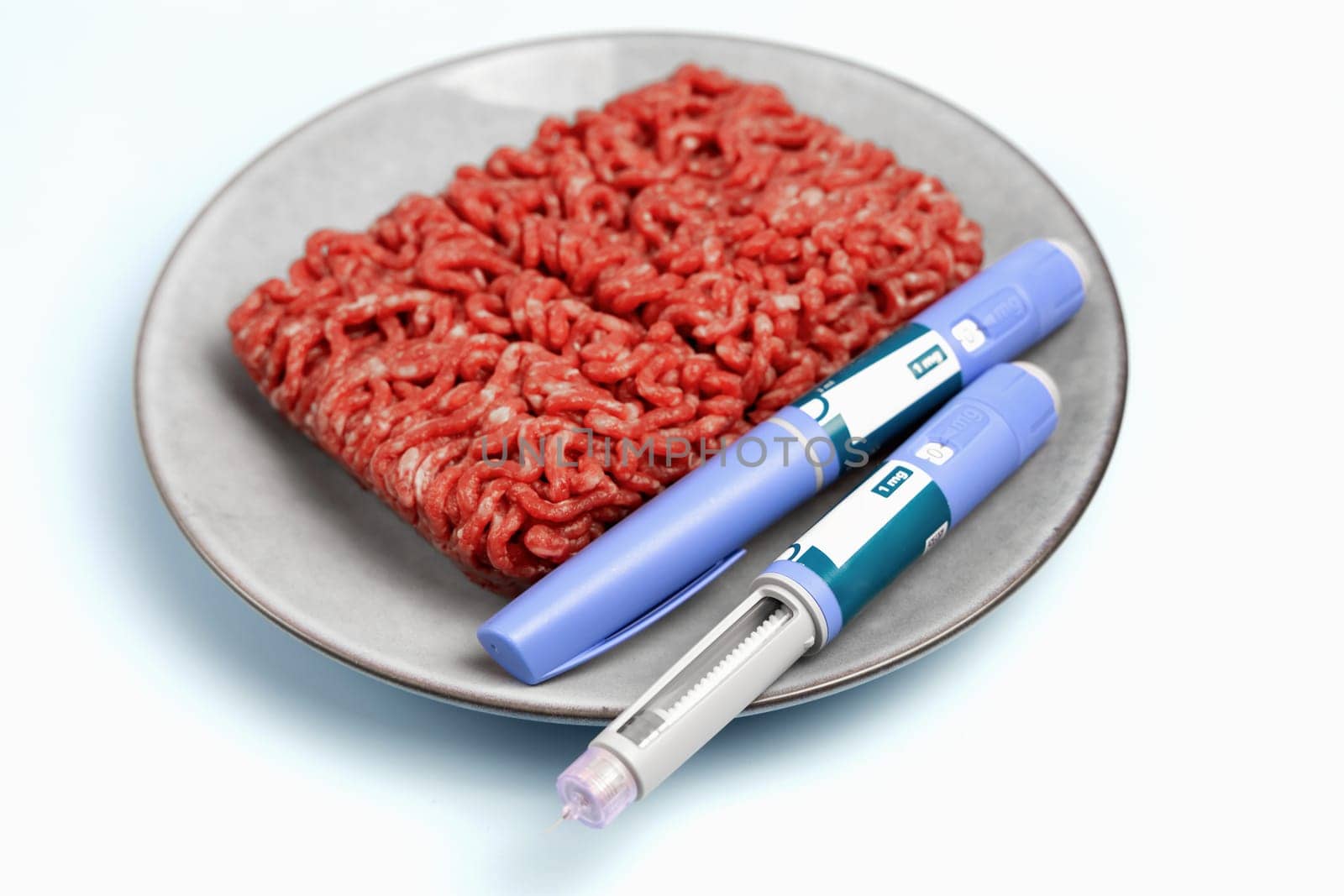 Ozempic Insulin injection pen and raw minced meat for diabetics
