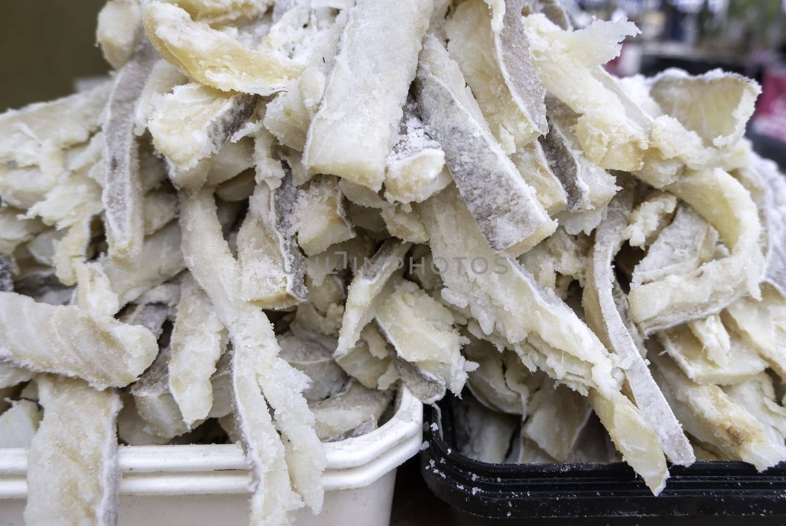 Detail of dried fish with salt in a market, healthy food