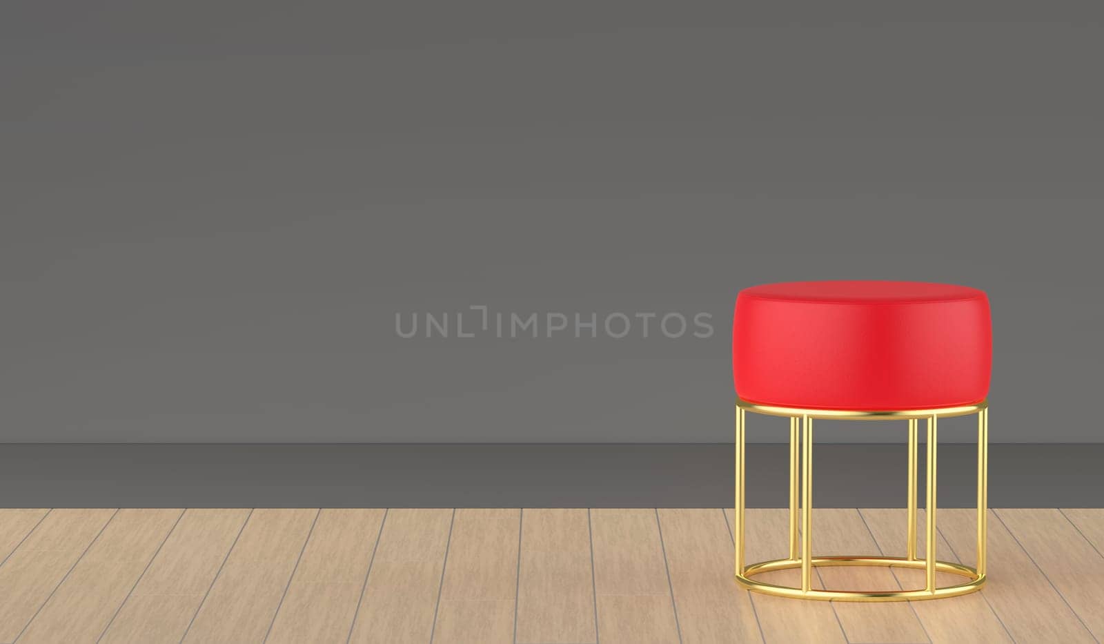 Red leather stool with golden legs in the room