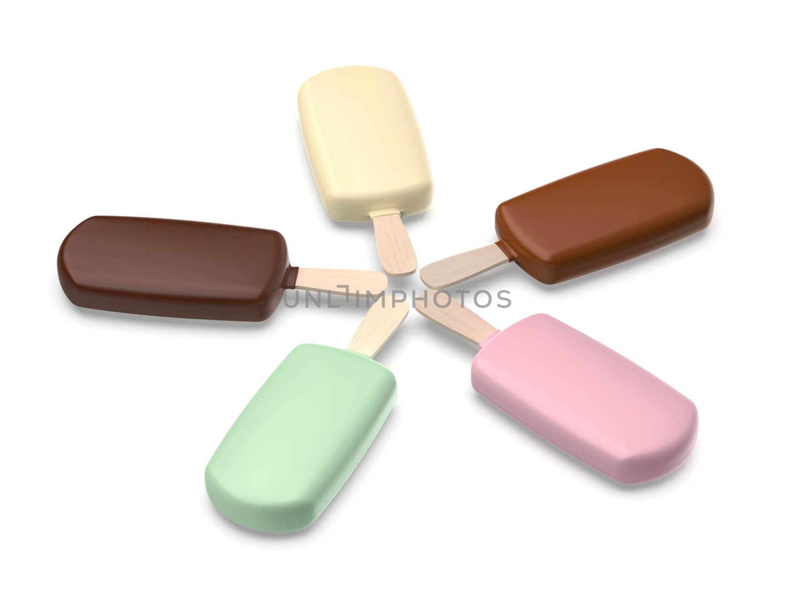 Group of different chocolate ice creams on white background