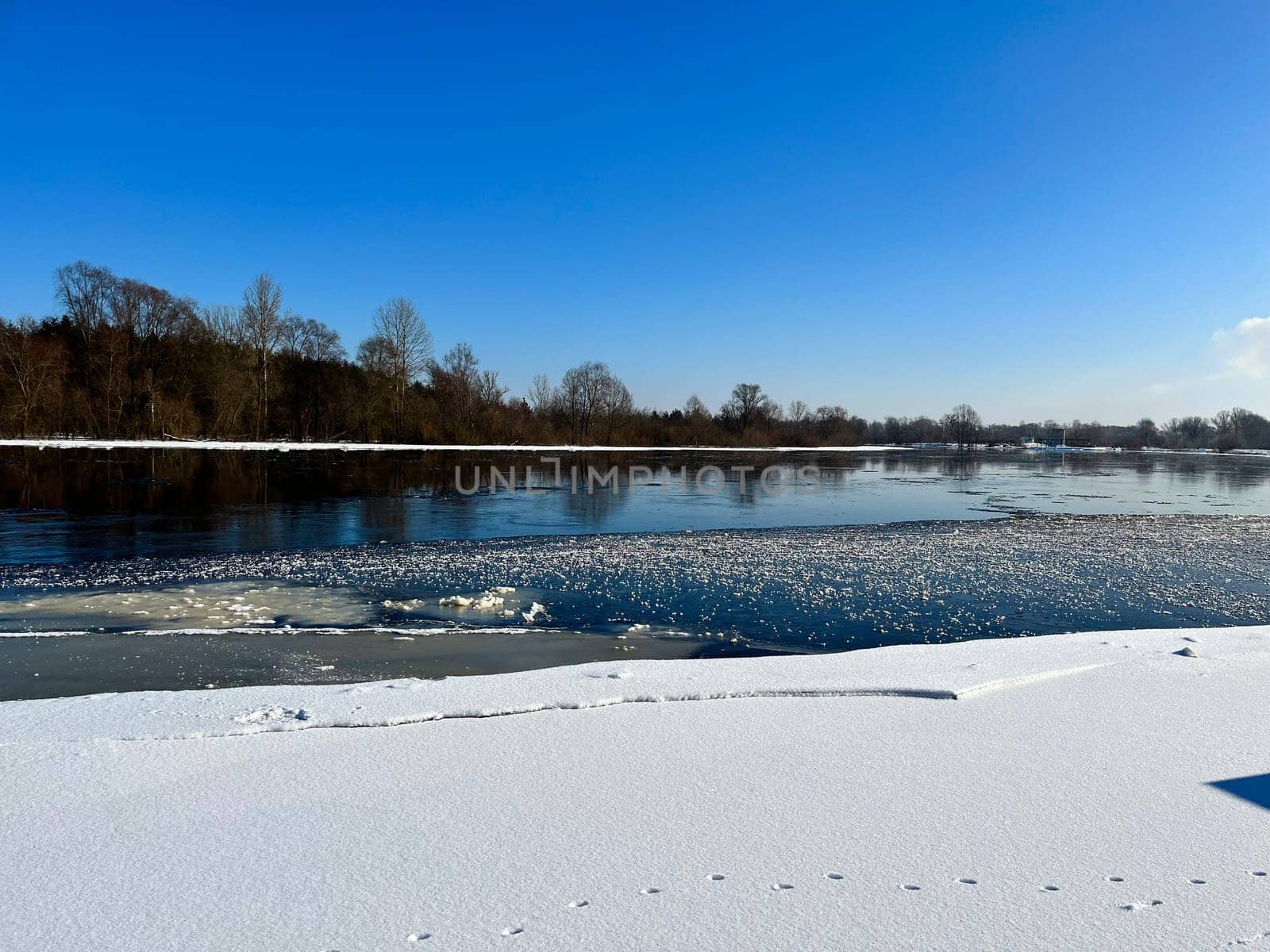 embankment of the river in winter, on the other side of the oak forest
