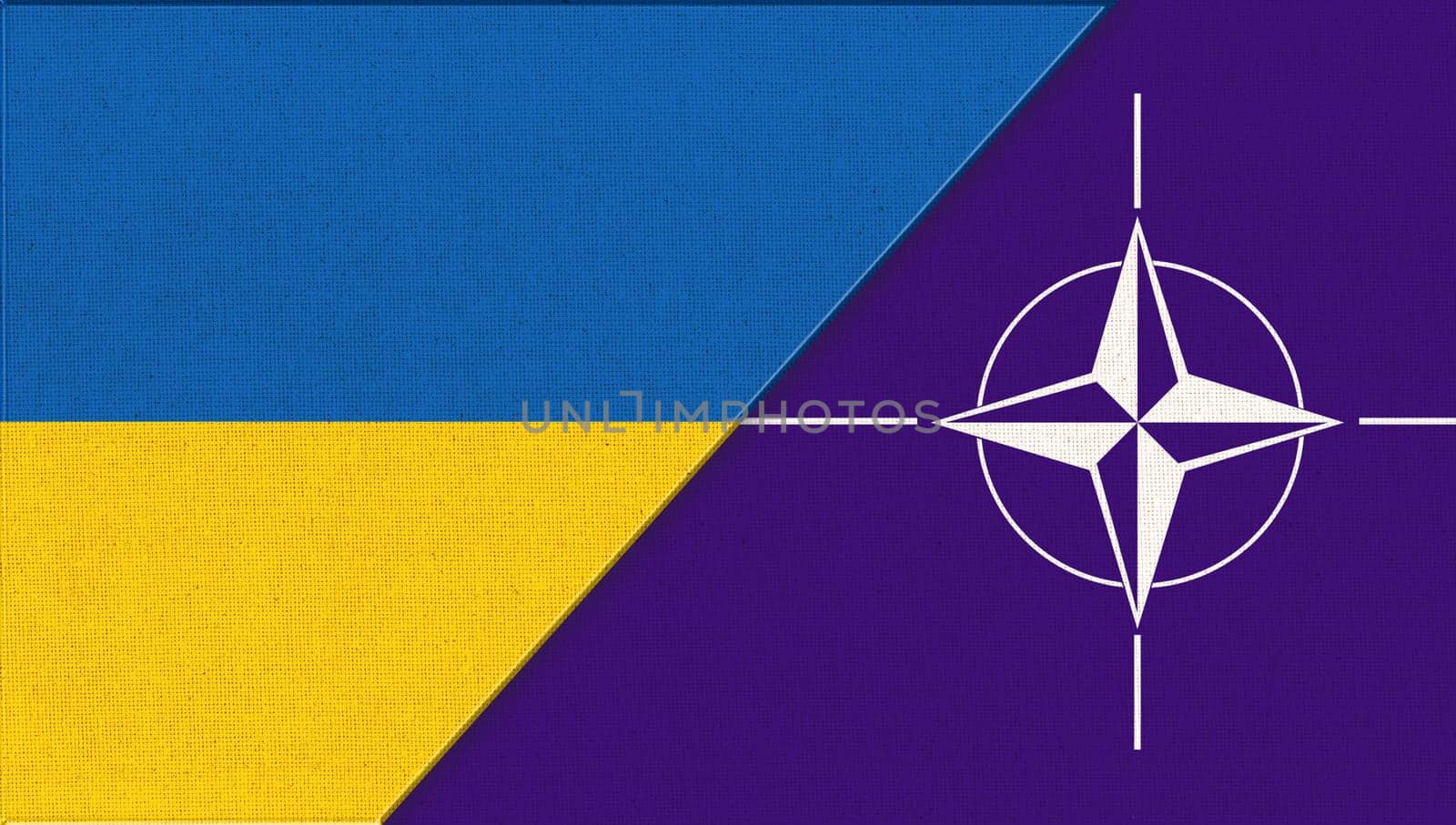 Ukraine and NATO flags. Flag of Ukraine and NATO. Ukrainian and NATO (North Atlantic Treaty Organization) flag. Flag of Ukraine and NATO. Ukrainian flag on fabric surface. Nothern military block