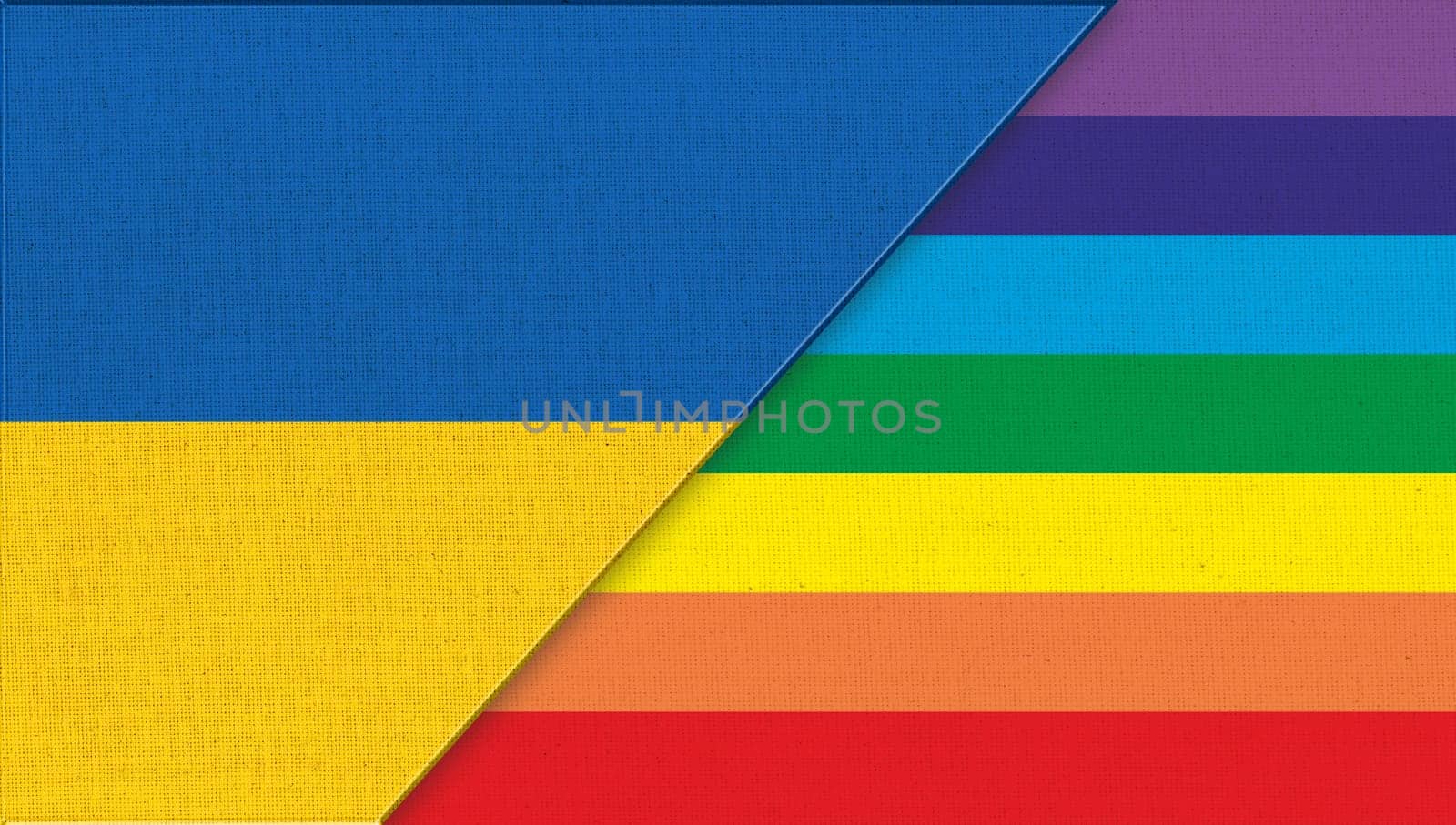 Flag of Ukraine and LGBT- 3D illustration. Two Flags Together. National symbol of Ukraine and multicolored flag of sexual diversity. Ukrainian flag and symbol of sexual minorities multicolored flag