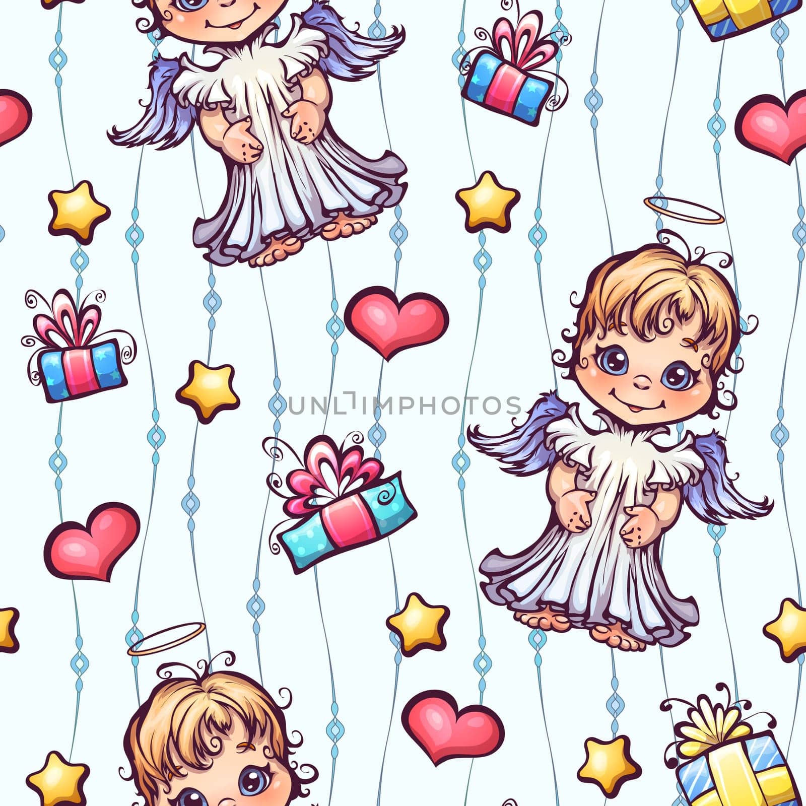 Vector seamless pattern with cartoon angels and gift boxes.