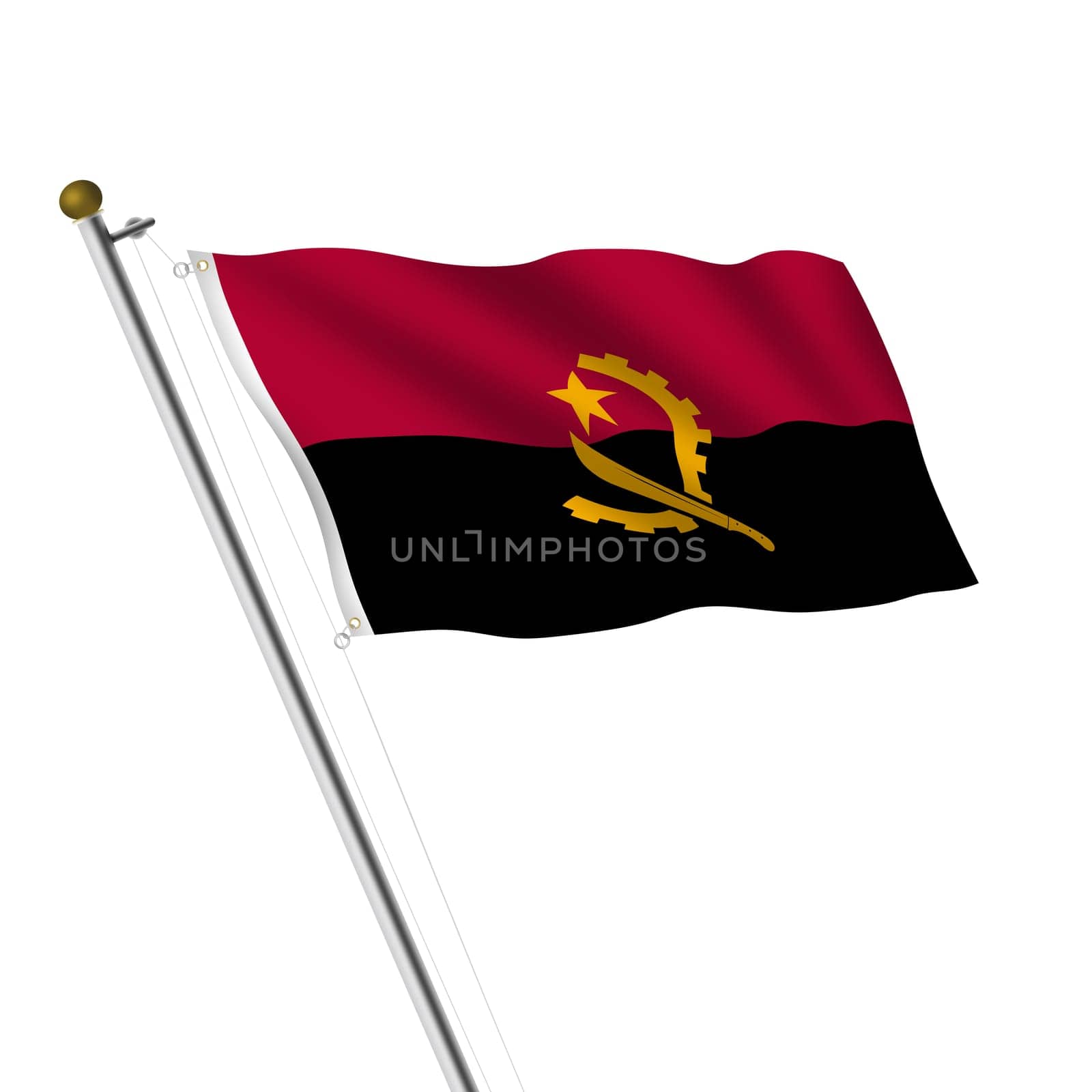 An Angola flagpole 3d illustration on white with clipping path
