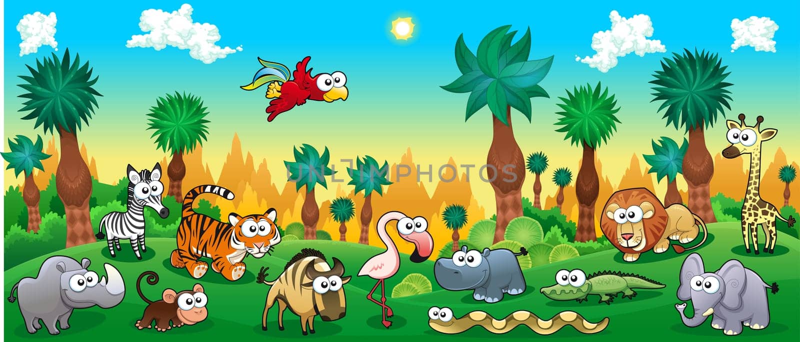 Green forest with funny wild animals. Vector cartoon illustration.