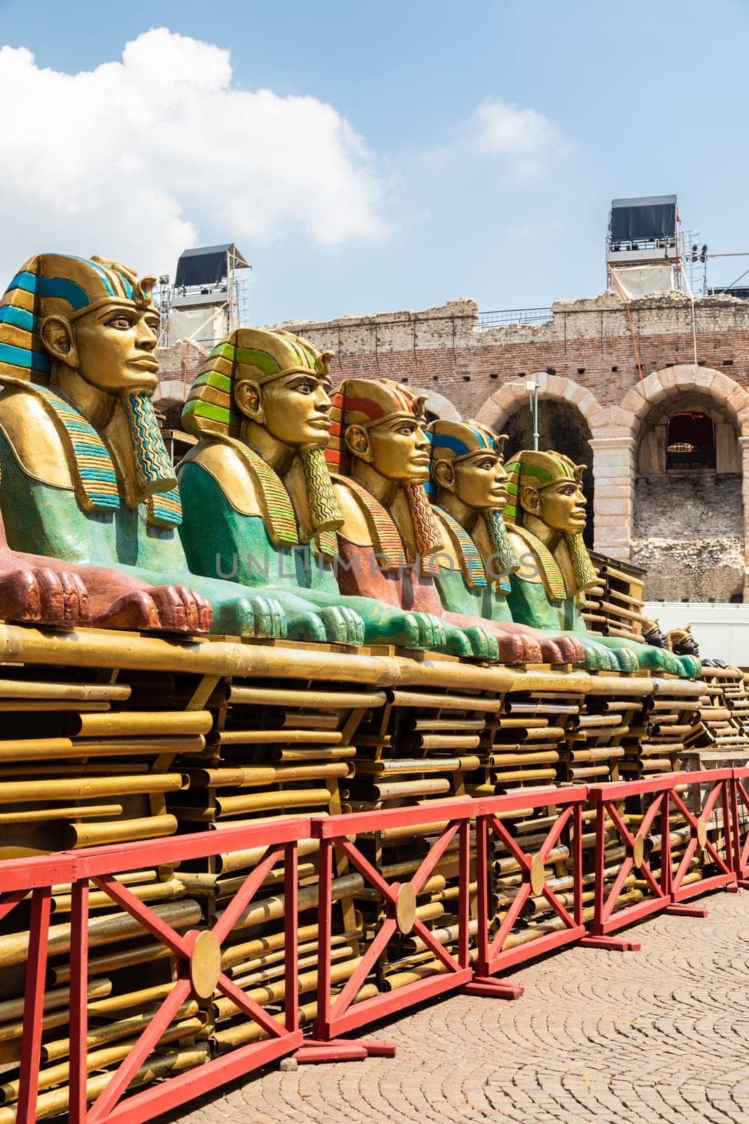 Verona, Italy - June 2022: preparing the stage for the thetre performance in the famous Arena di Verona - Aida spectacle