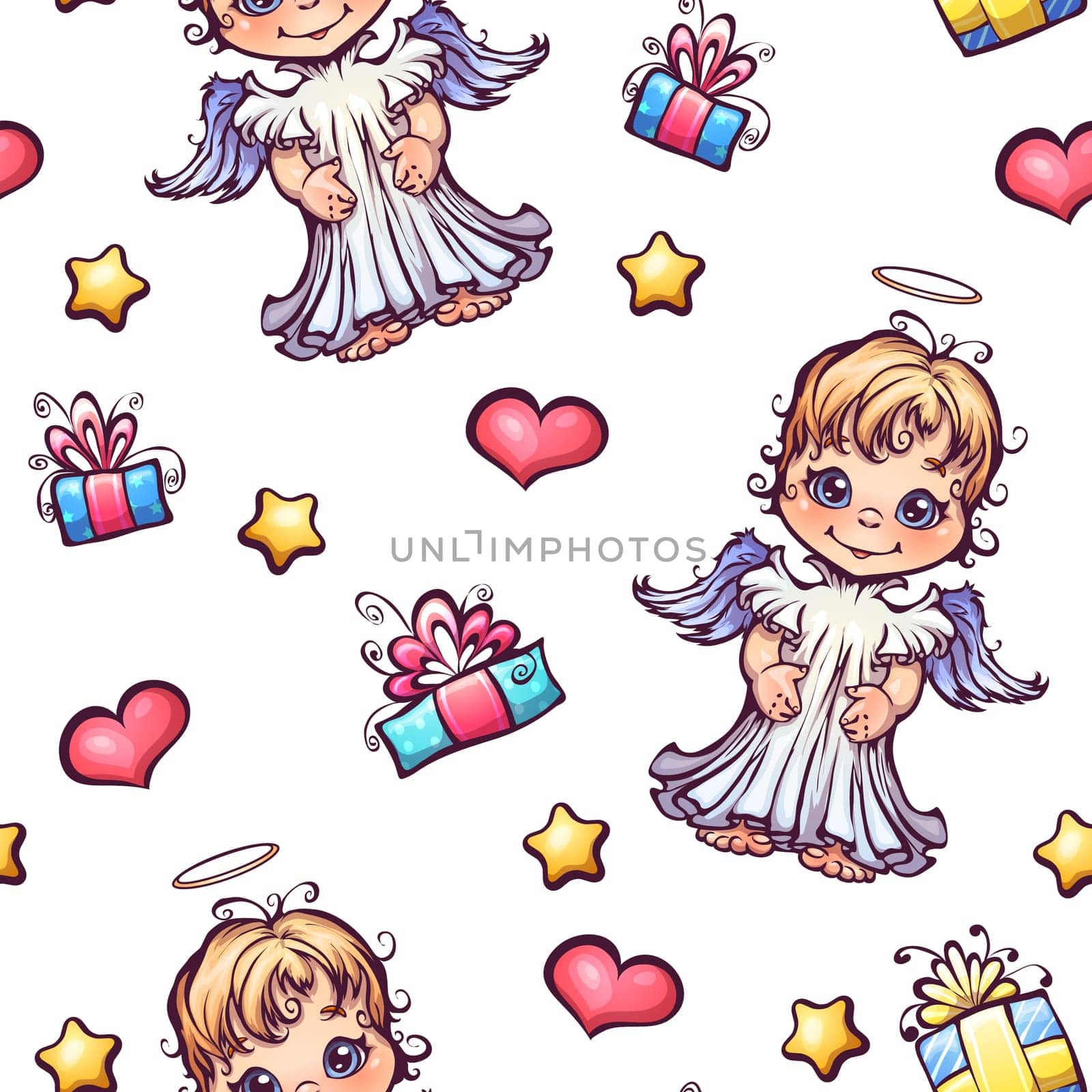 Vector seamless pattern with cartoon angels and gift boxes.
