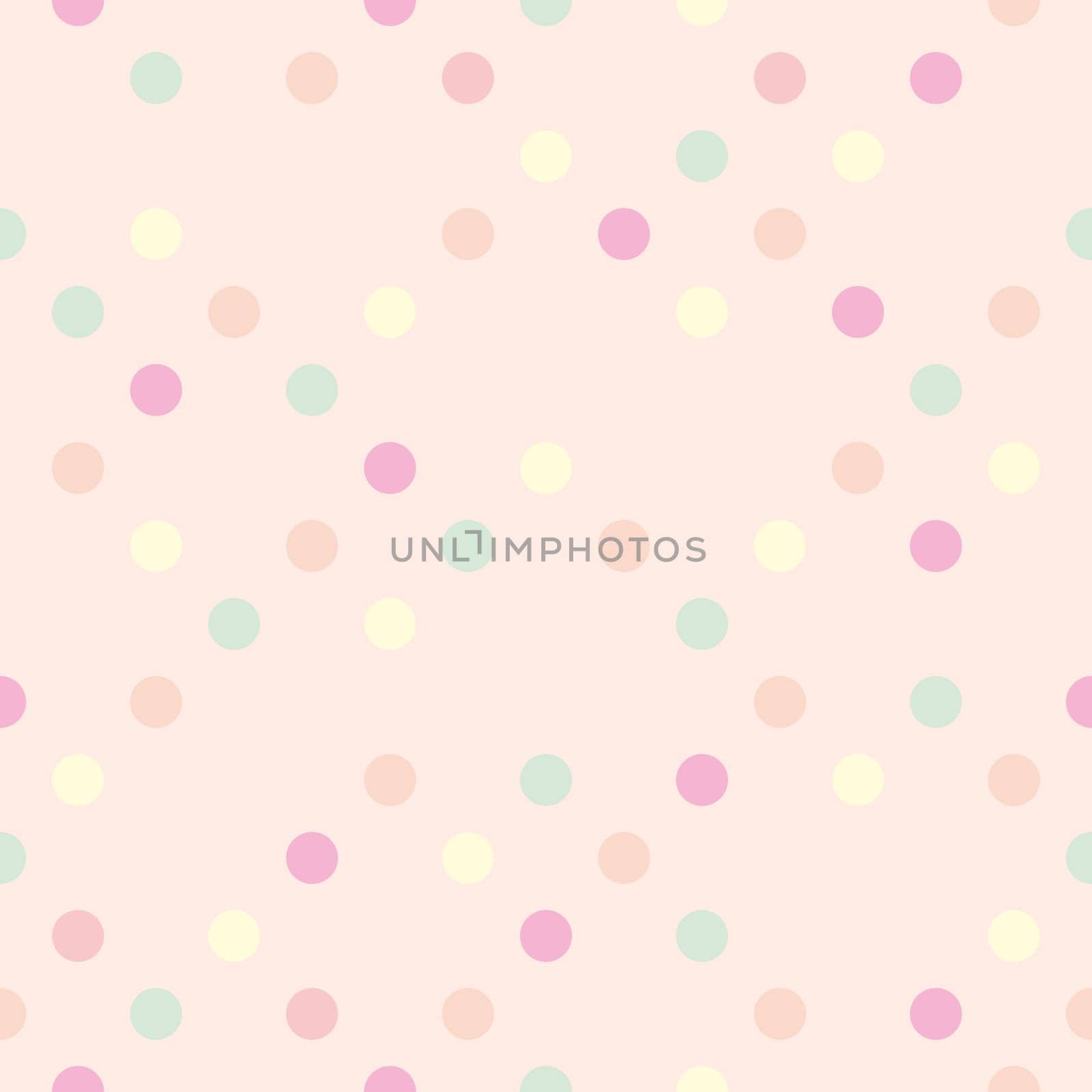 Colorful pastel polka dots on baby pink background - retro seamless pattern for backgrounds, blogs, www, scrapbooks, party or baby shower invitations and wedding cards.