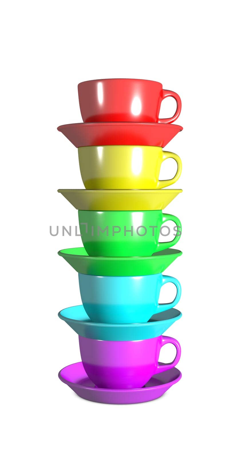 Five coffee cups horizontally aligned with rainbow colours