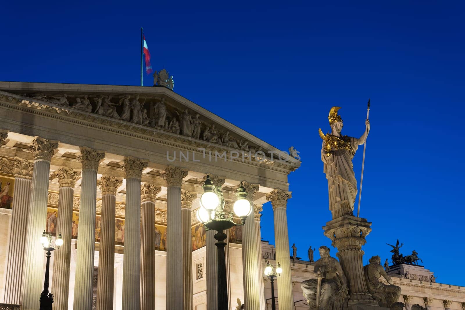 Parliament Vienna at night,landmark with Pallas Athene fountain