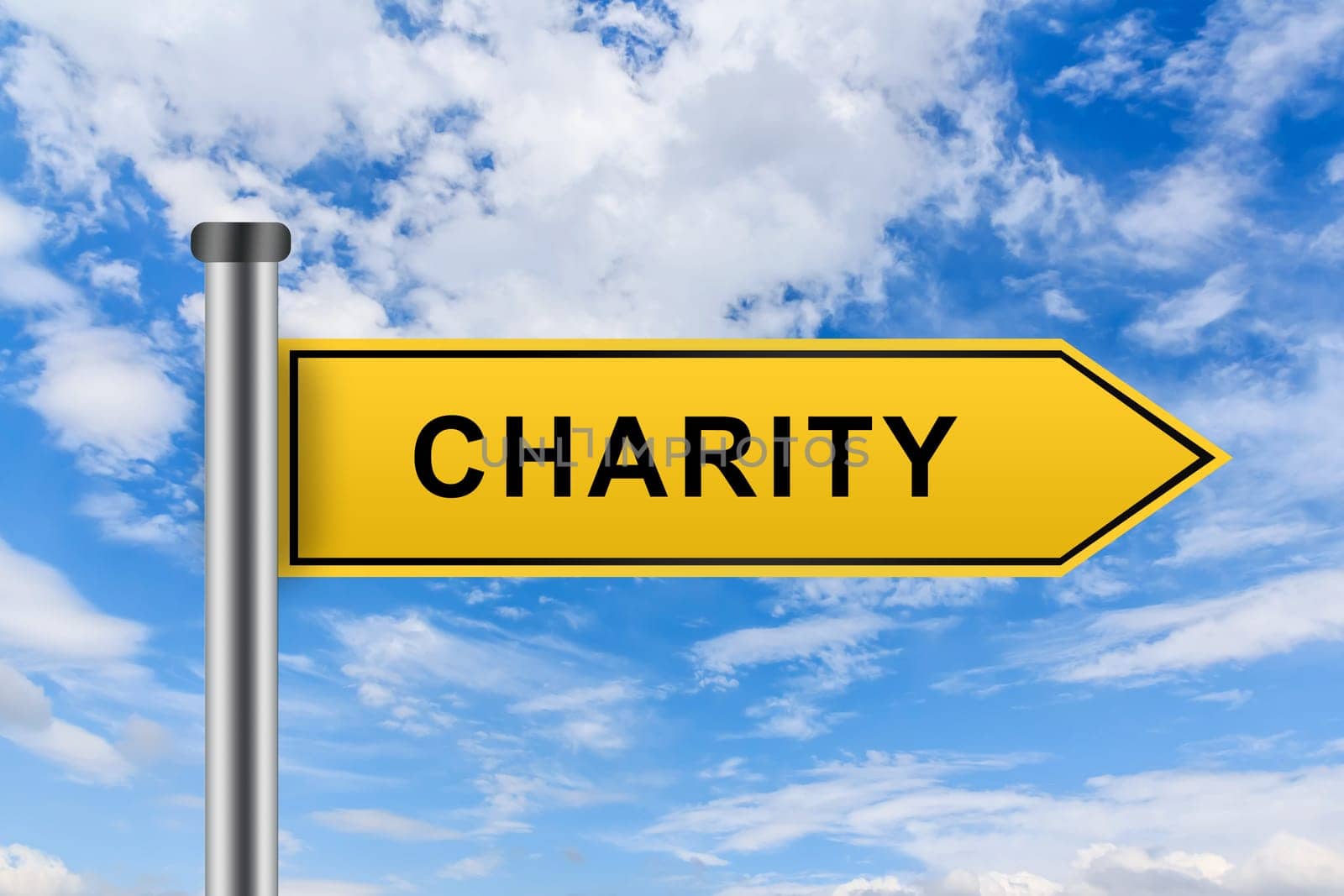charity words on yellow road sign on blue sky