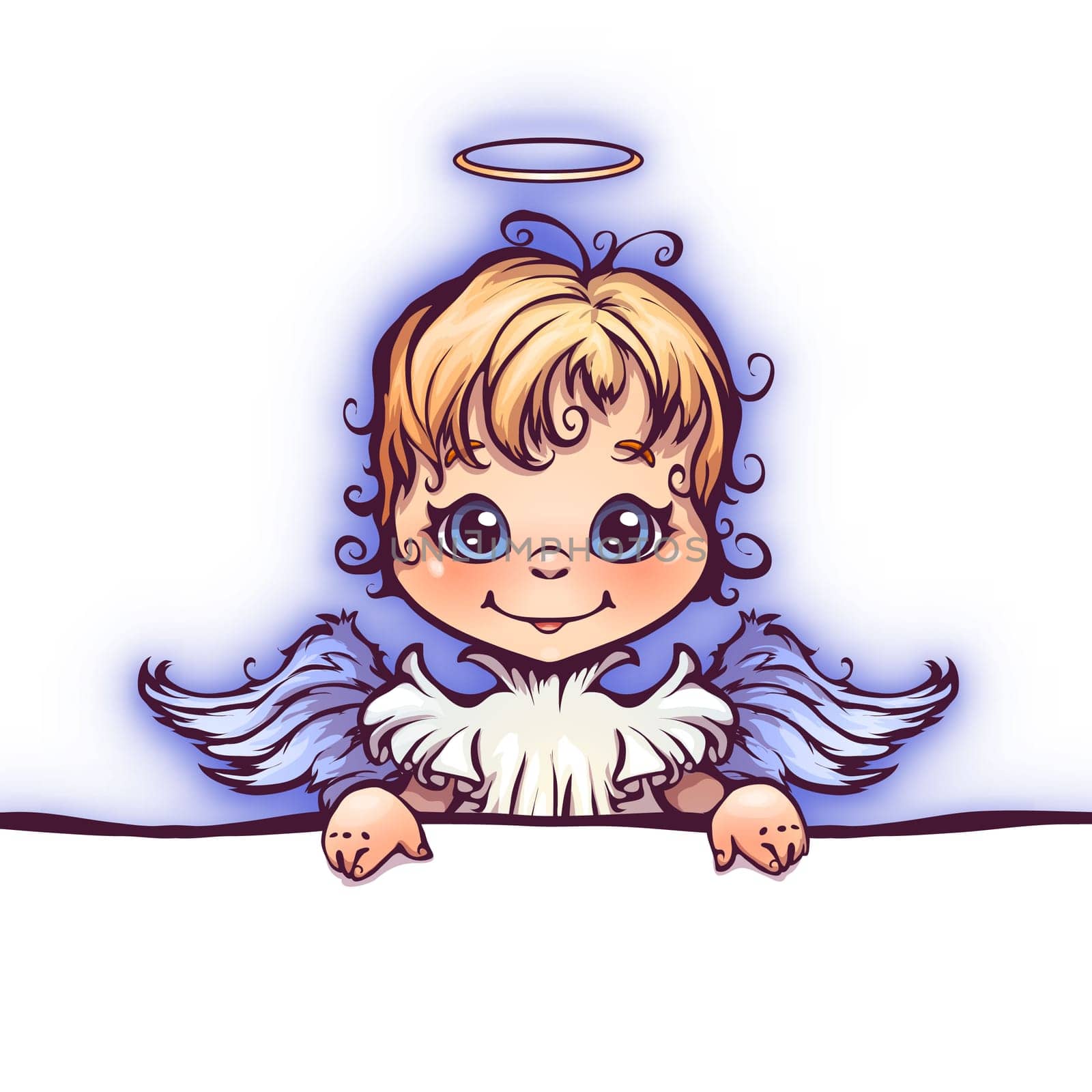 Vector illustration of cute angel with panel for text.