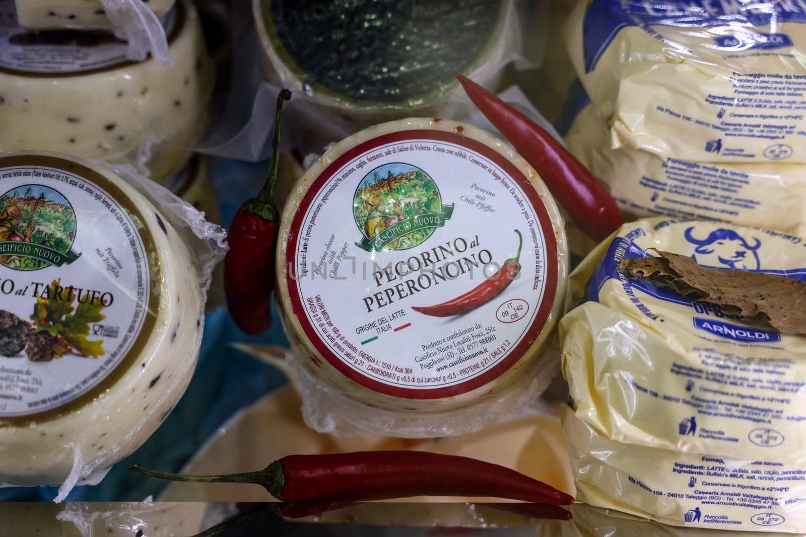 Cracow, Poland - November 3, 2021: Great cheeses Pecorino at Gastrofood - Trade Fair for Food and Drinks for Catering in Cracow. Poland