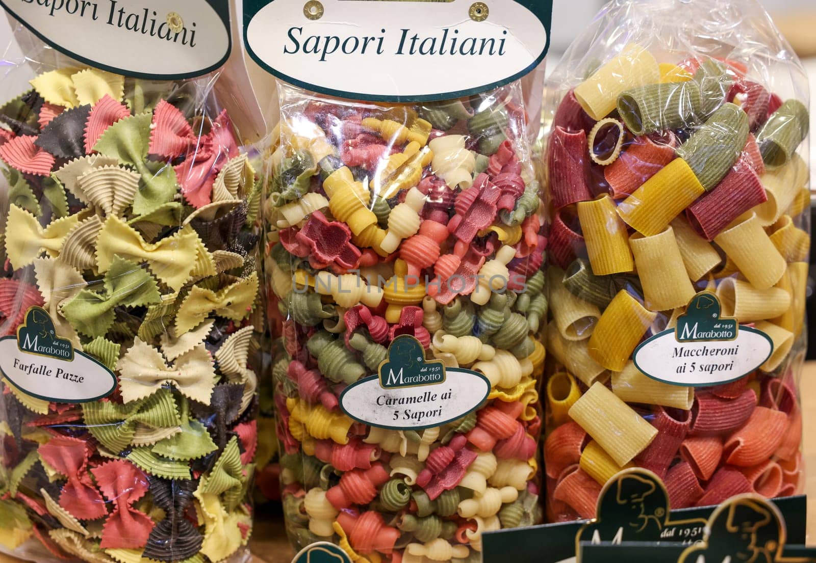Cracow, Poland - November 3, 2021: Variety of types, shapes and colors of Italian pasta at Enoexpo and Gastrofood - Trade Fair for Food and Drinks for Catering