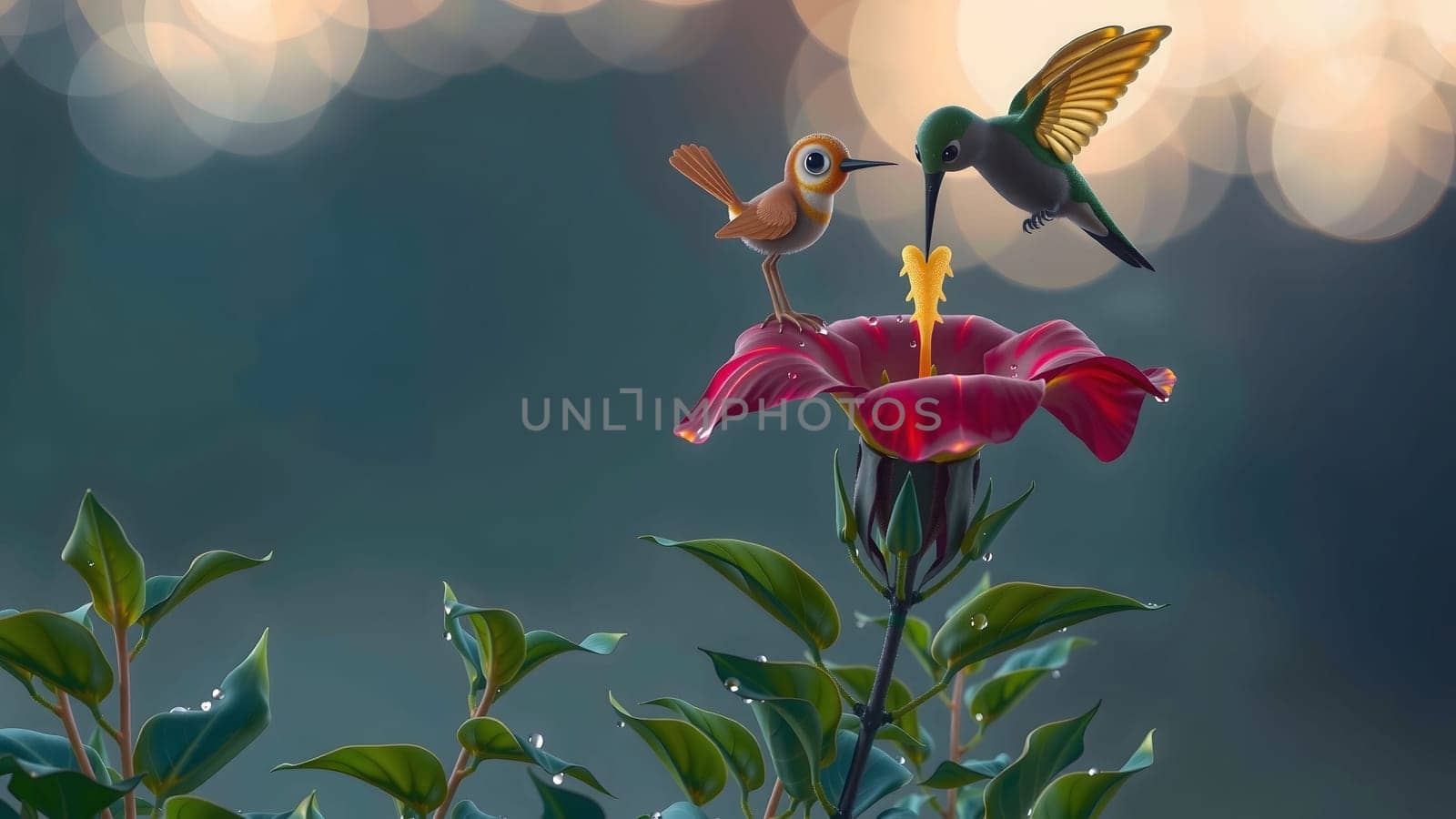 The hummingbirds and Robot Birds in flight on the ping flower
