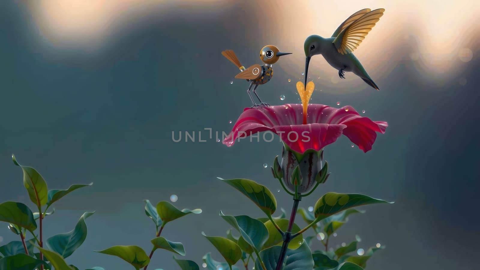 The hummingbirds and Robot Birds in flight on the ping flower