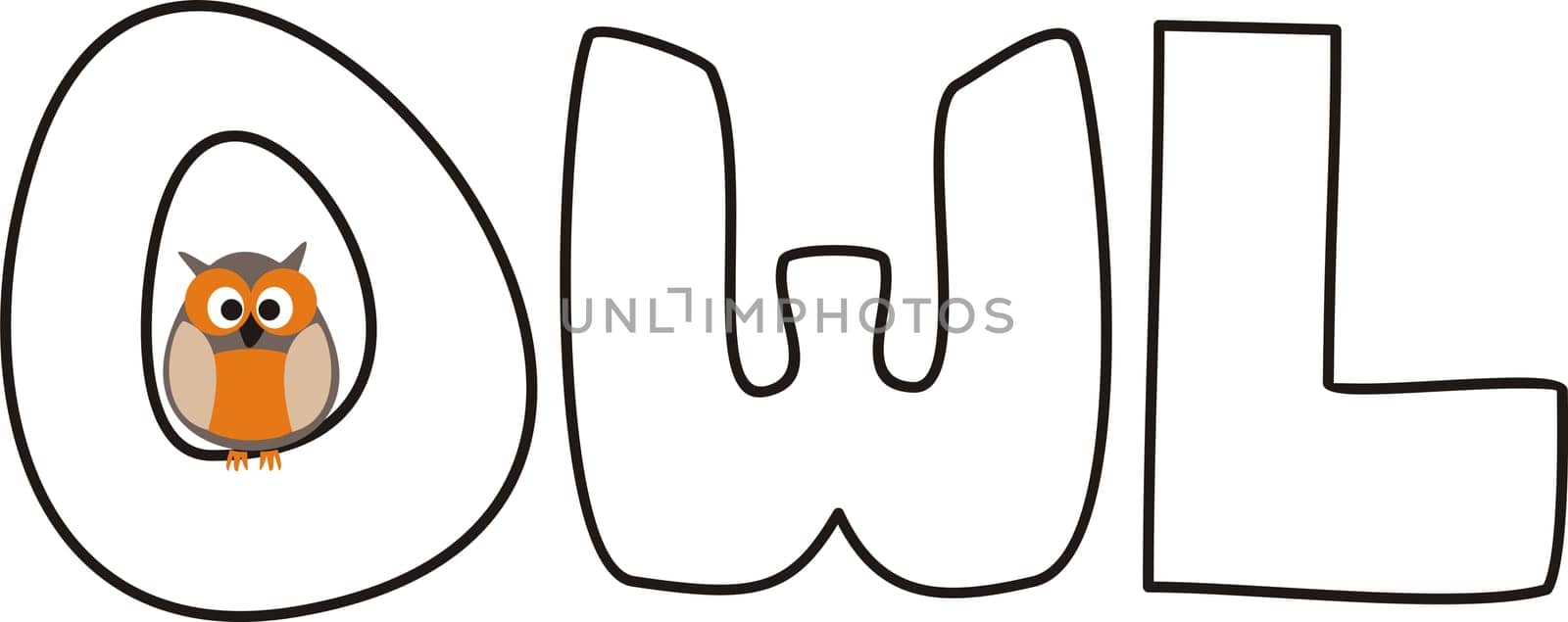 O is for owl - vector illustration with funny staring owl sitting on hand drawn doodle word. Cute, cartoon symbol of wisdom draft for learning words and school coloring book.