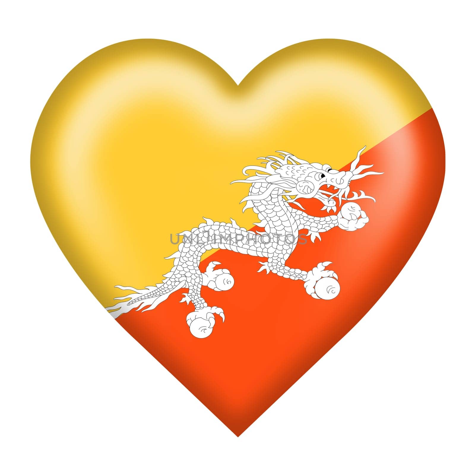A Bhutan flag heart button isolated on white with clipping path 3d illustration