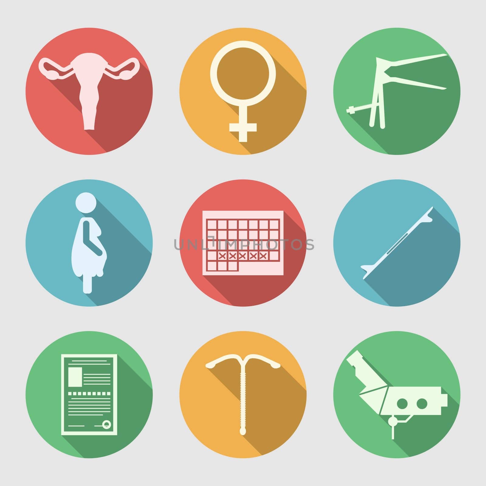 Set of colored circle flat vector icons with white silhouette symbols for Obstetrics and Gynecology on gray background.