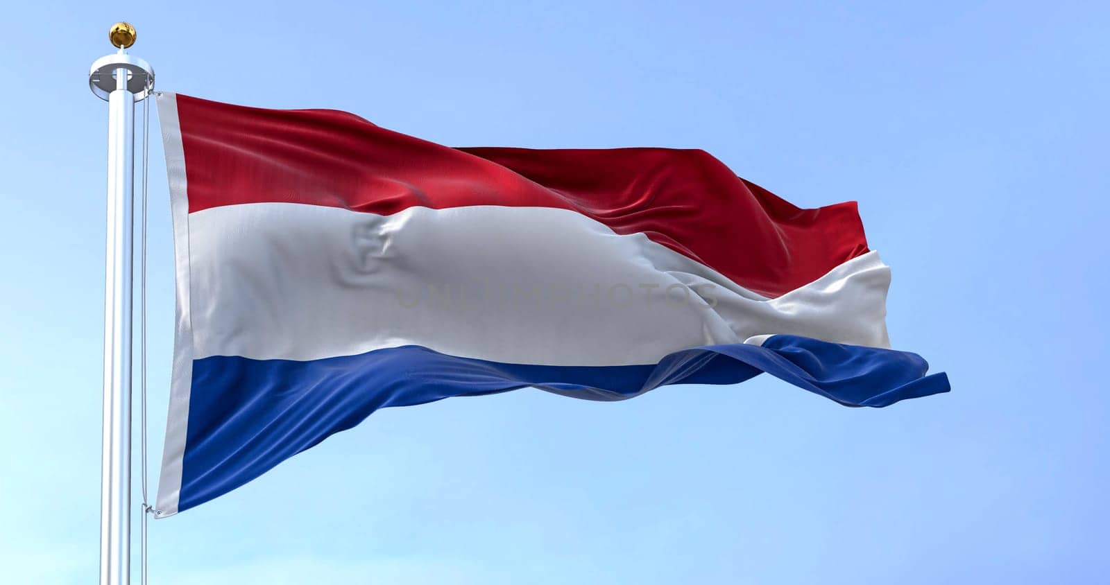 The national flag of the Netherlands waving in the wind on a sunny day. Flag with red, white, and blue stripes. European country. 3D illustration render. Rippled textile
