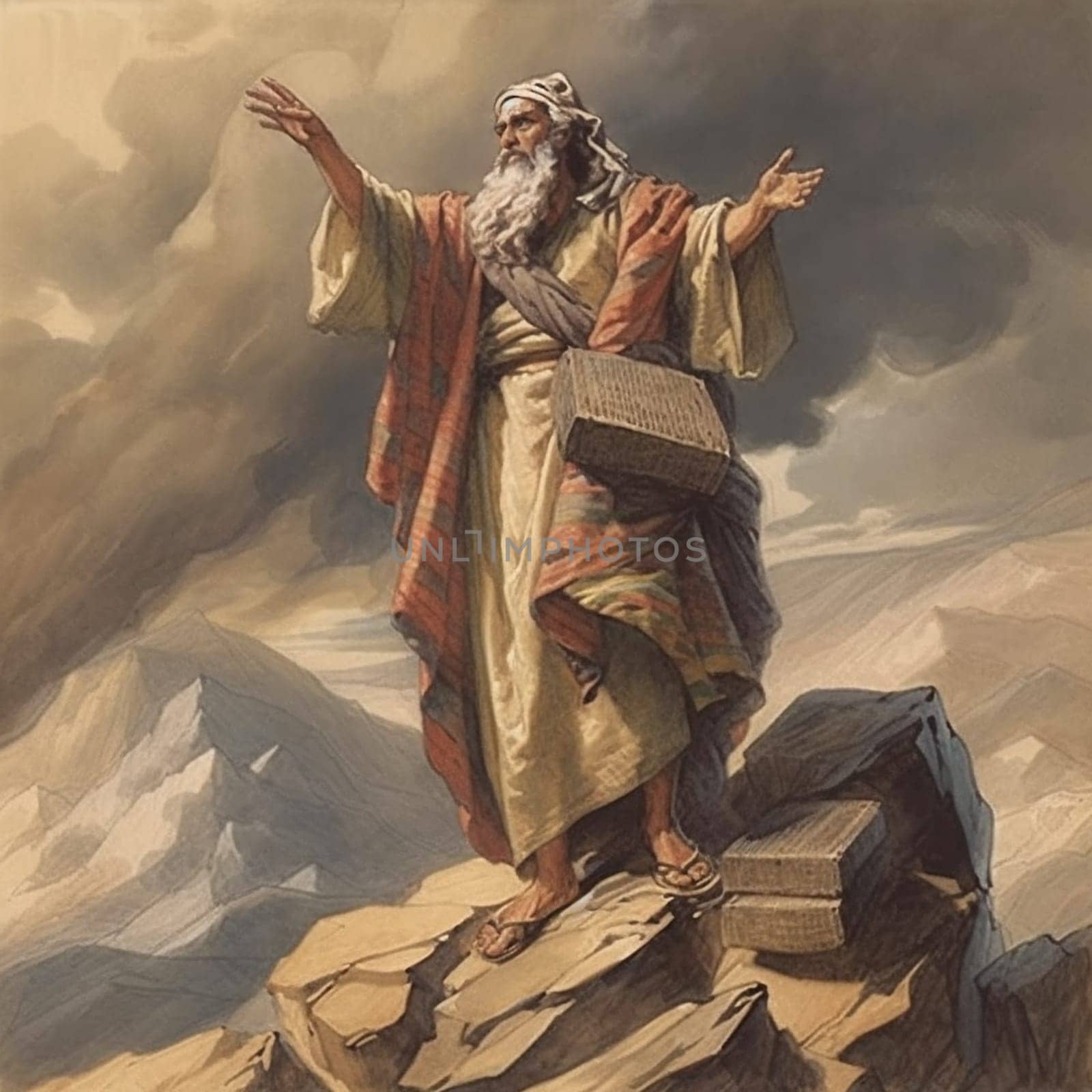 Moses receiving the ten commandments at Mount Sinai, religion and faith, prophet of judaism and christianity, generative AI