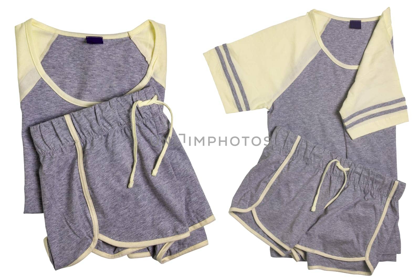 Collage set of gray yellow female sexy nightwear summer set of shorts and a top or shirt isolated on white. Two views. Clipping path. Fashionable night wear or nighties.