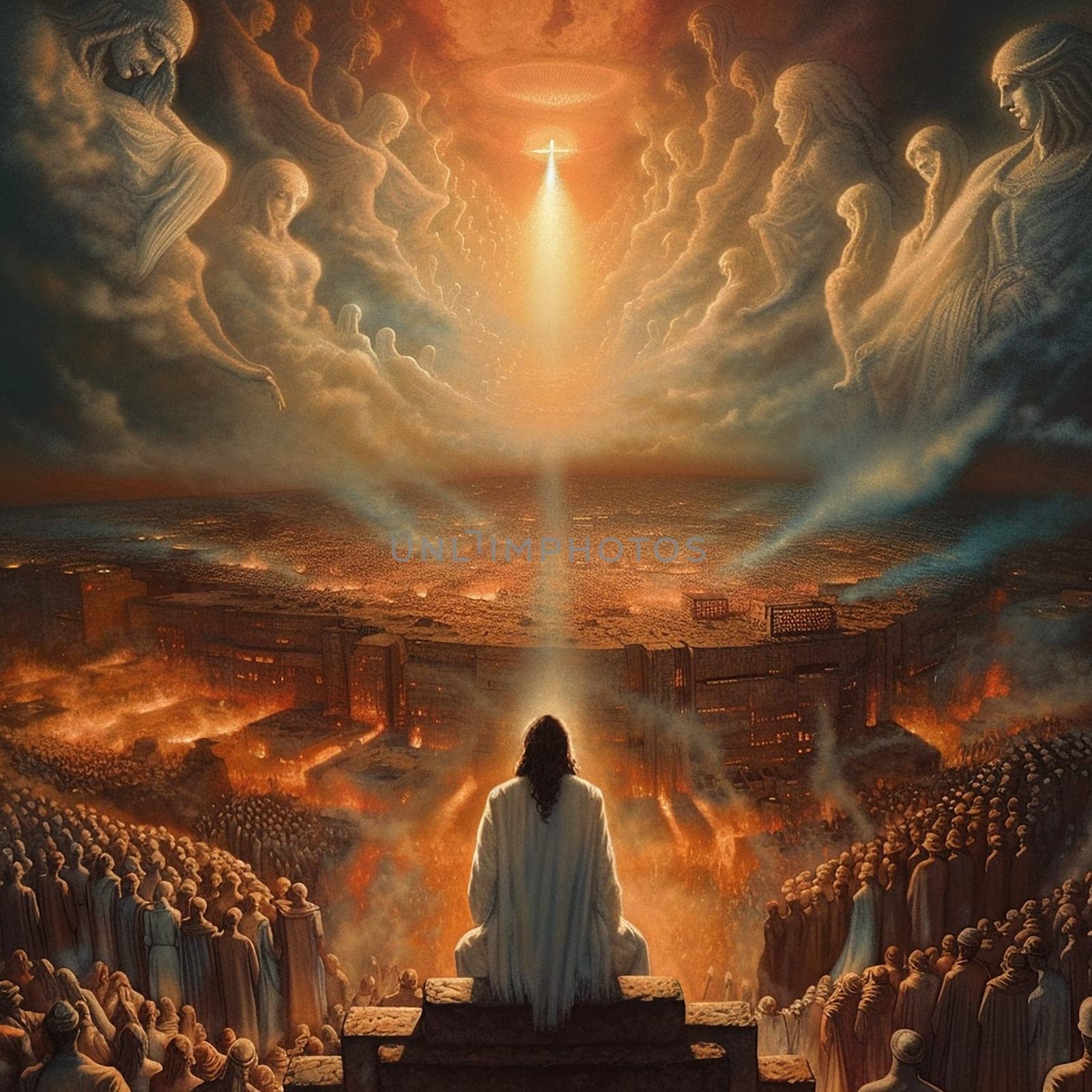 Revelation of Jesus Christ, new testament, religion of christianity, heaven and hell over the crowd of people, Jerusalem of the bible, generative AI