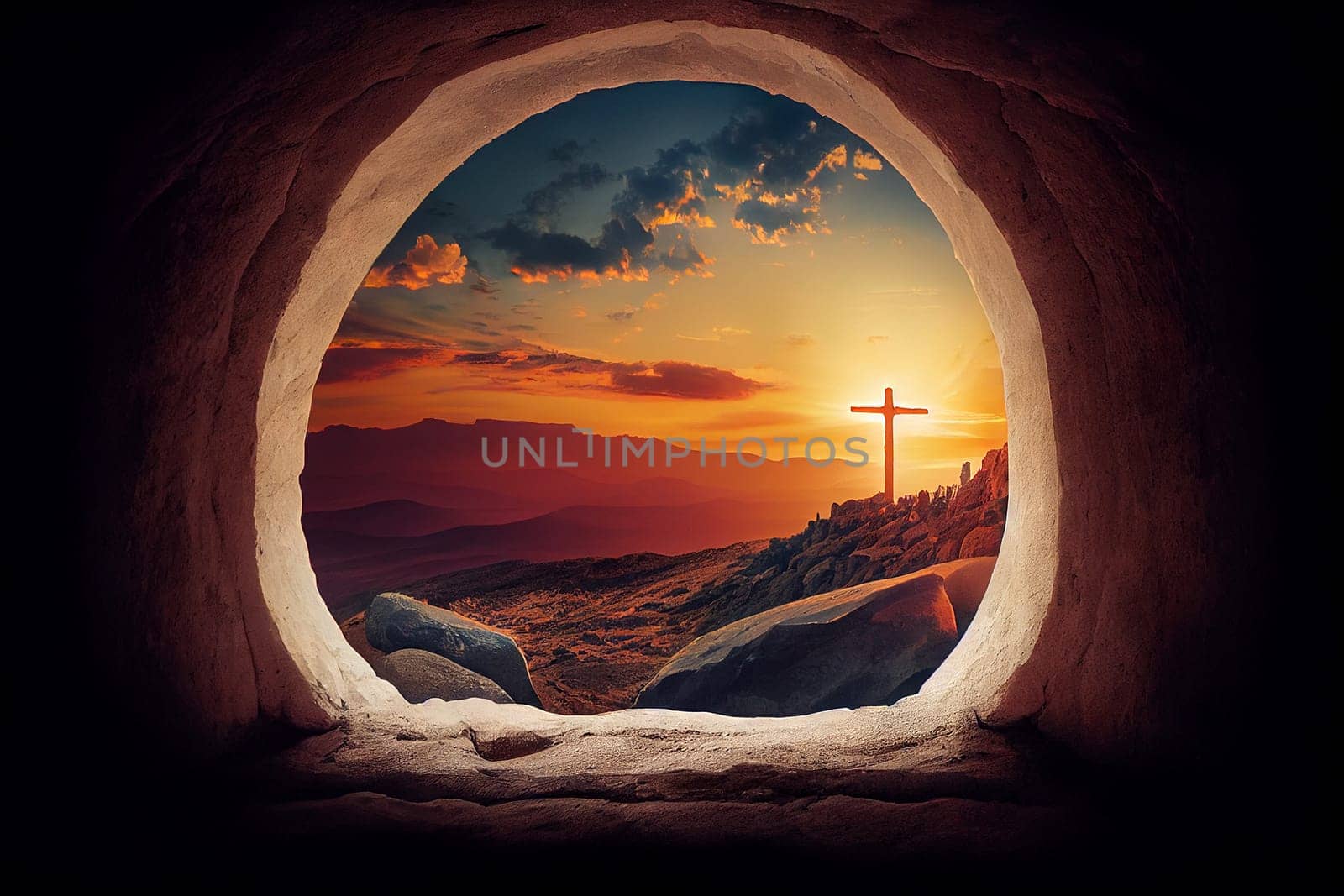 Resurrection of Jesus Christ, empty grave tomb with cross, bible story of Easter, crucifixion at sunrise, generative AI