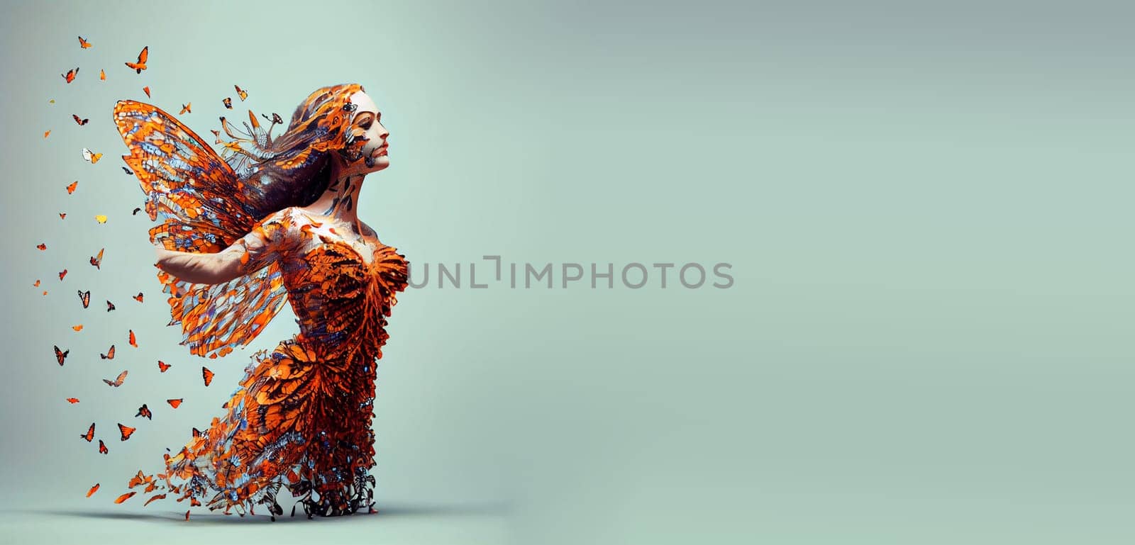Woman dress made from butterflies with wings, self care and mental health concept, positive thinking, creative mind, generative AI