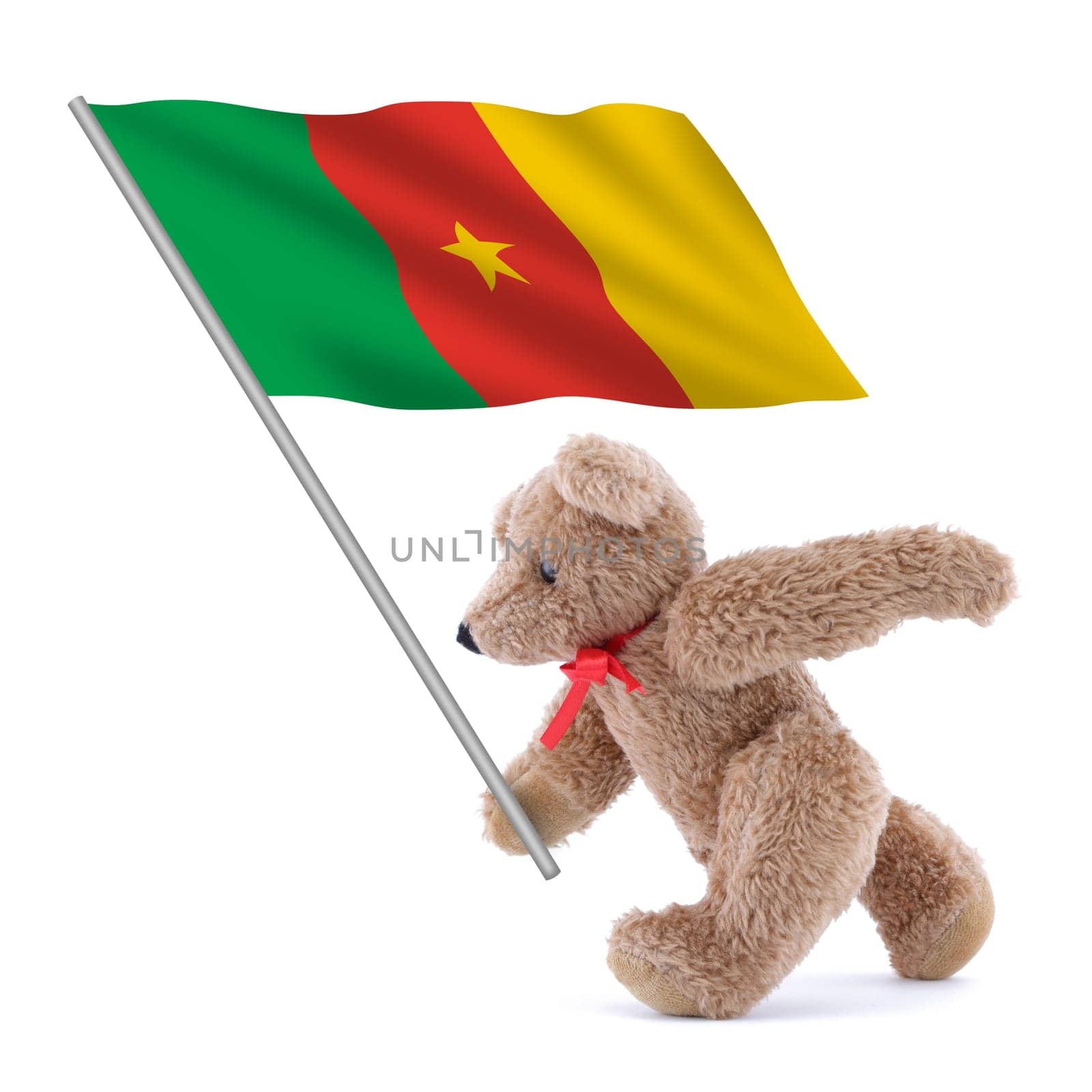 A Cameroon flag being carried by a cute teddy bear